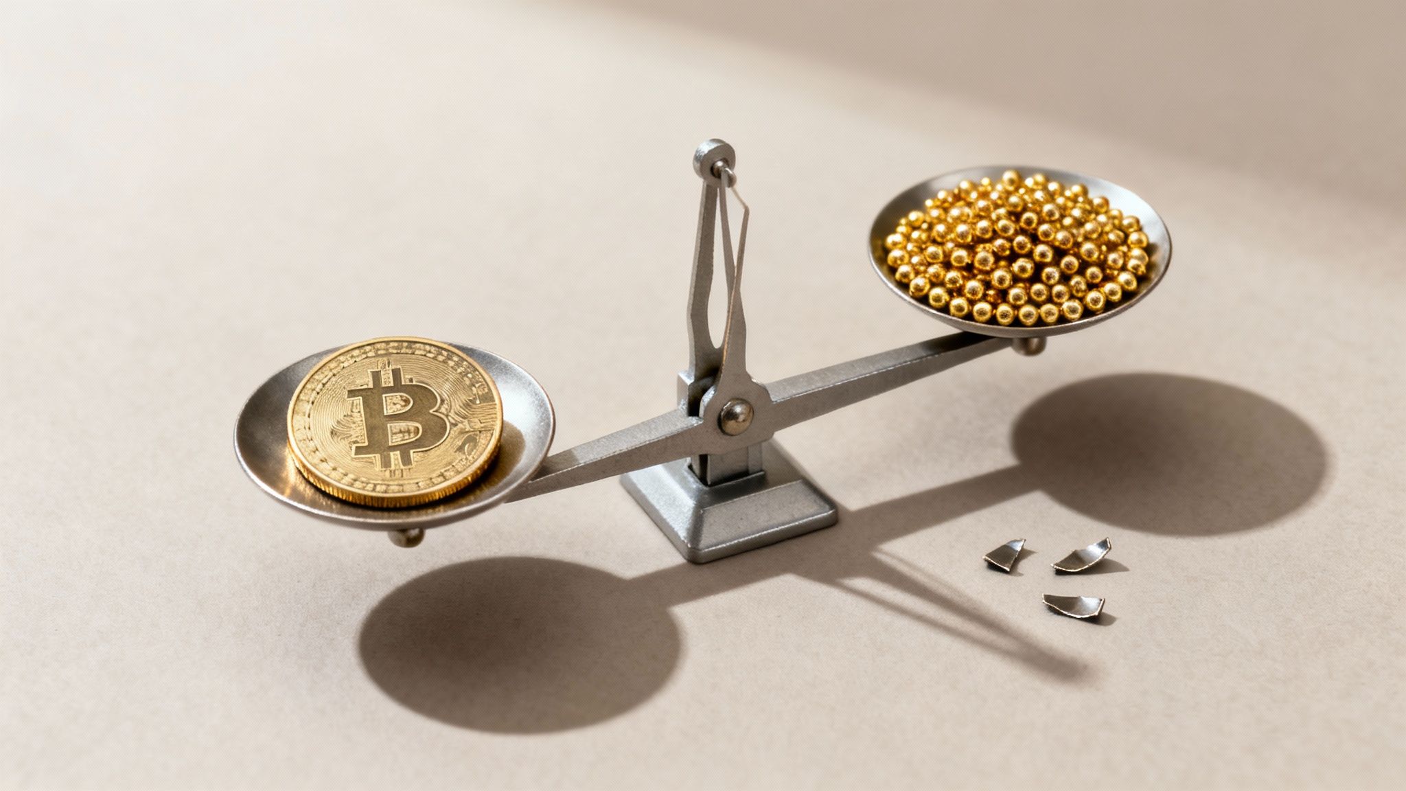 Eine goldene Bitcoin-Münze auf einer Waage, die gegen einen Haufen goldener Kügelchen abgewogen wird.