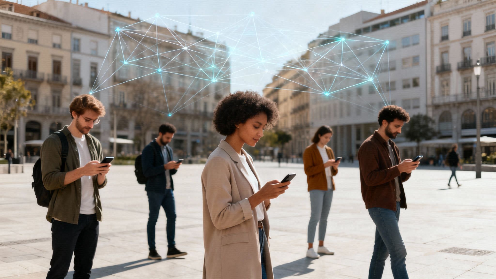 Menschen nutzen Smartphones auf einem Stadtplatz, verbunden durch ein abstraktes digitales Netzwerk.