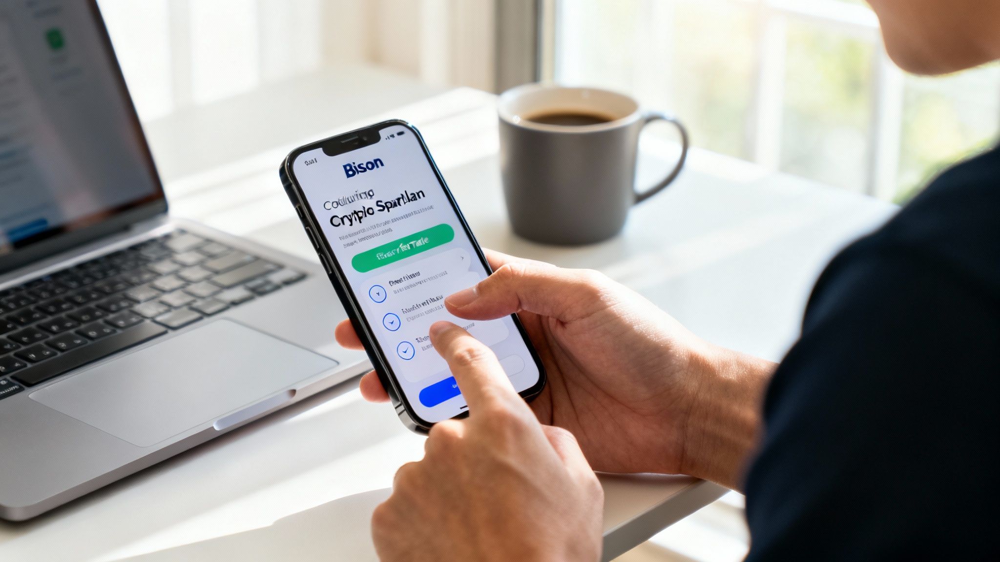 Eine Person hält ein Smartphone mit der Bison Krypto-App, im Hintergrund sind ein Laptop und eine Kaffeetasse.