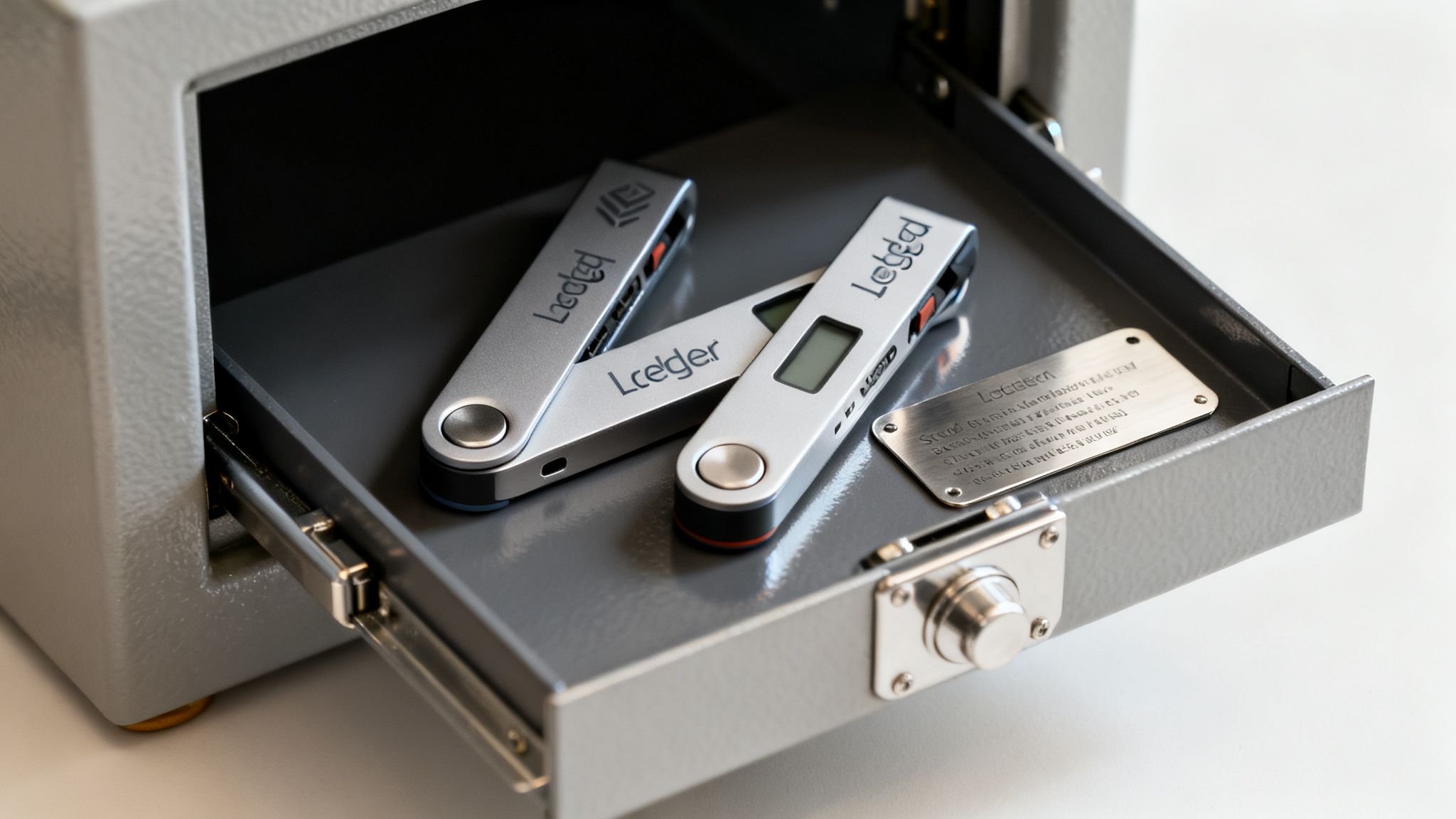 Zwei Ledger Hardware-Wallets und eine Metallplatte in einer offenen Tresorschublade.