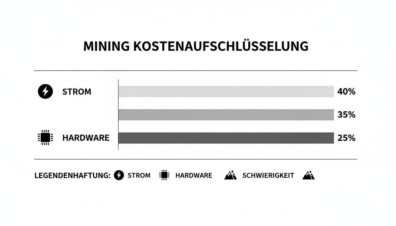 Balkendiagramm zur Kostenaufschlüsselung beim Mining von Kryptowährungen, mit Strom (40%, 35%) und Hardware (25%).