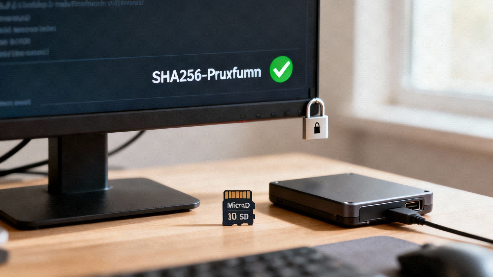 Ein Computermonitor zeigt eine SHA256-Verifizierung mit grünem Haken. Eine microSD-Karte und ein externes Laufwerk liegen daneben, Symbol für Datensicherheit.