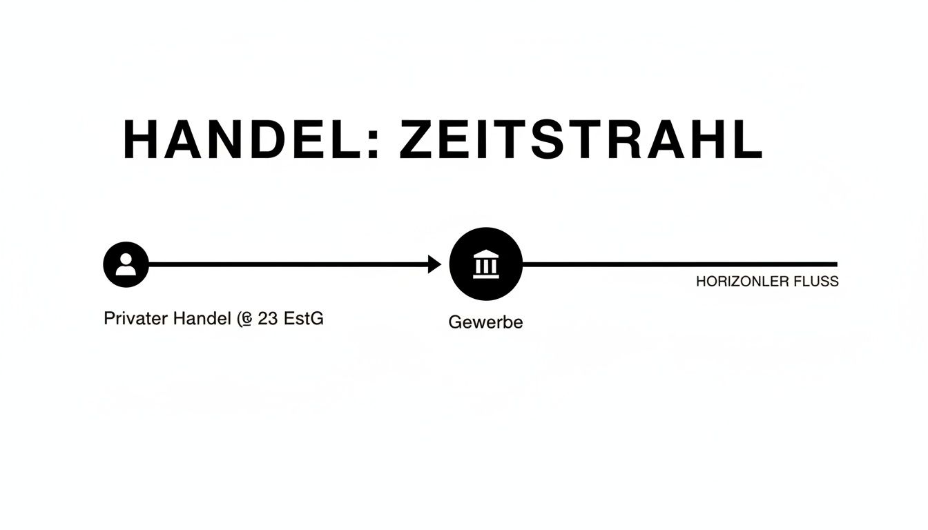 Zeitleiste des Handels, die den Übergang von privatem Handel zu gewerblichem Handel gemäß deutschem Steuerrecht darstellt.
