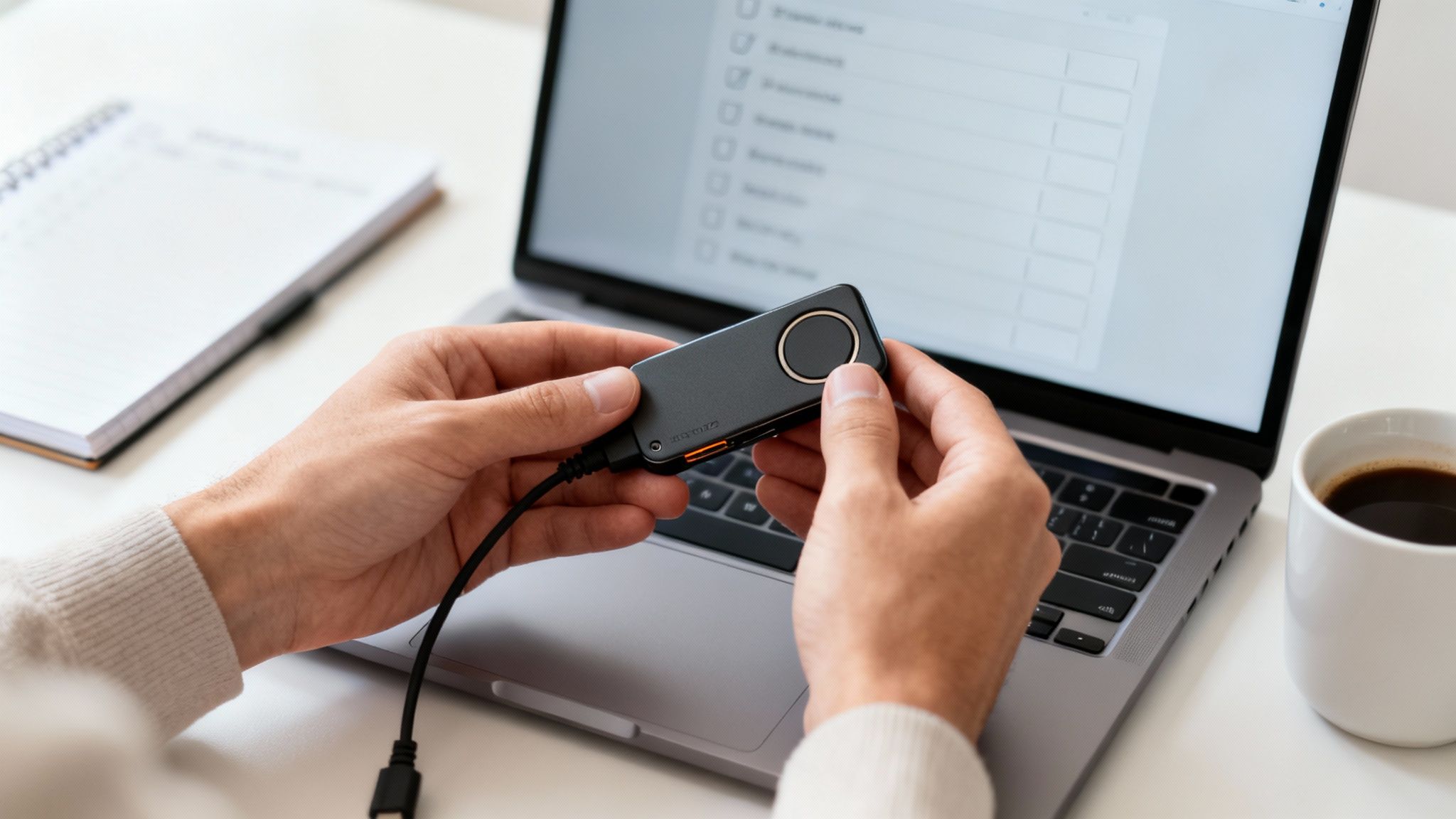 Hände halten eine Hardware-Wallet, die an einen Laptop angeschlossen ist, mit Kaffee und Notizbuch auf dem Schreibtisch.