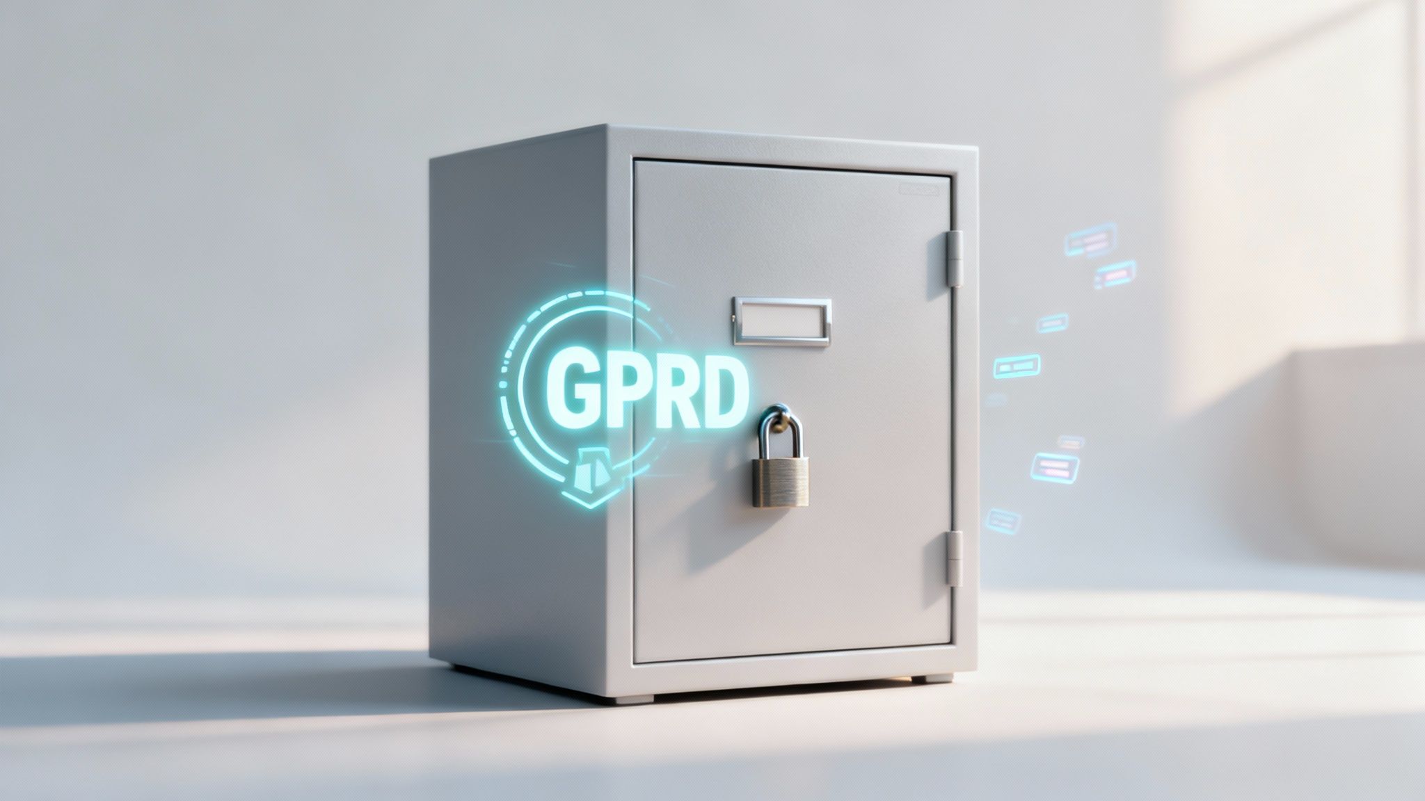 Sicherheitssafe mit leuchtender GDPR-Anzeige, Vorhängeschloss und Daten-Icons auf hellem Hintergrund.