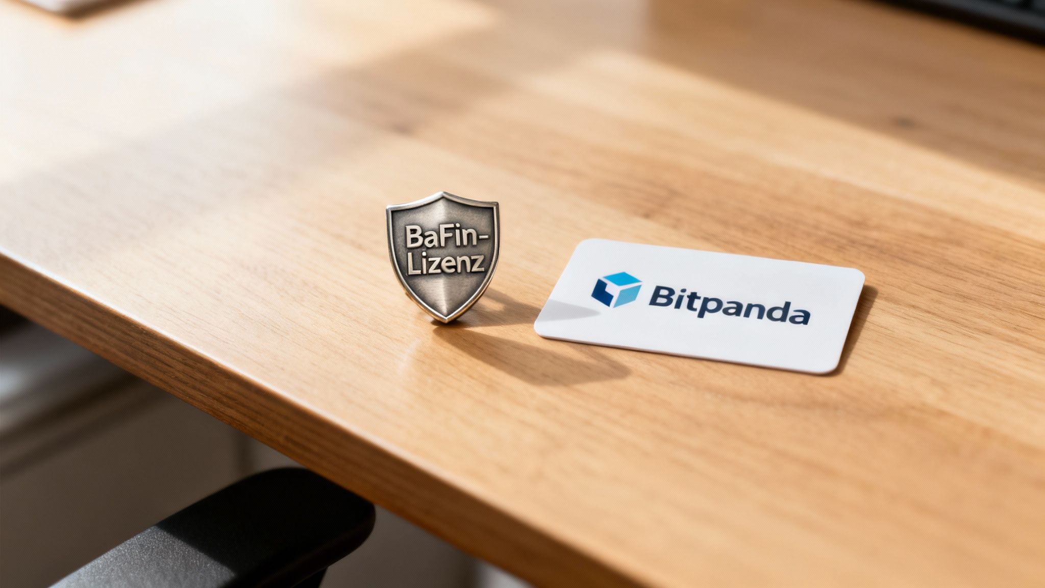 Metallschild mit BaFin-Lizenz und Bitpanda-Karte auf einem Holzschreibtisch.