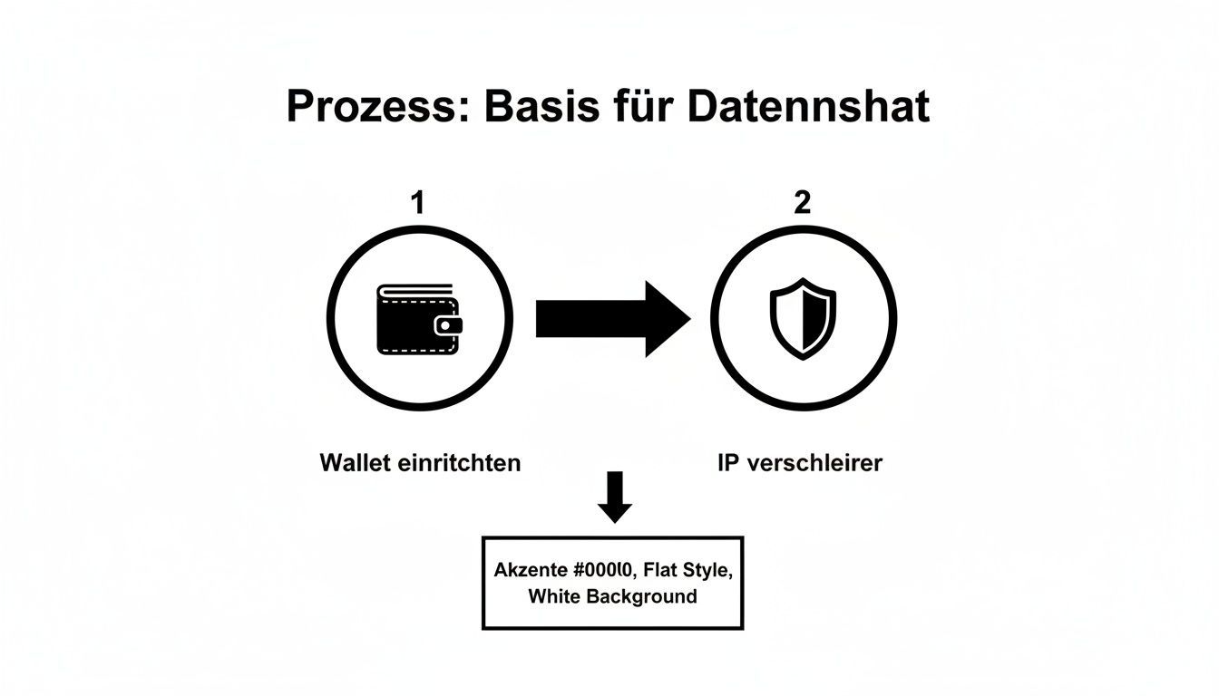 Flussdiagramm eines Prozesses zum Einrichten einer Wallet und Verschleiern der IP-Adresse für Datenschutz.