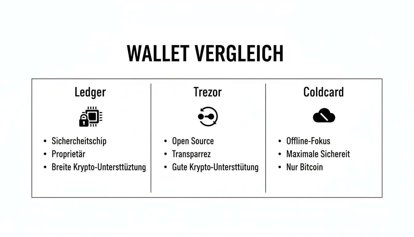 Vergleichstabelle für Hardware-Wallets Ledger, Trezor und Coldcard mit ihren Hauptmerkmalen und Sicherheitseigenschaften.