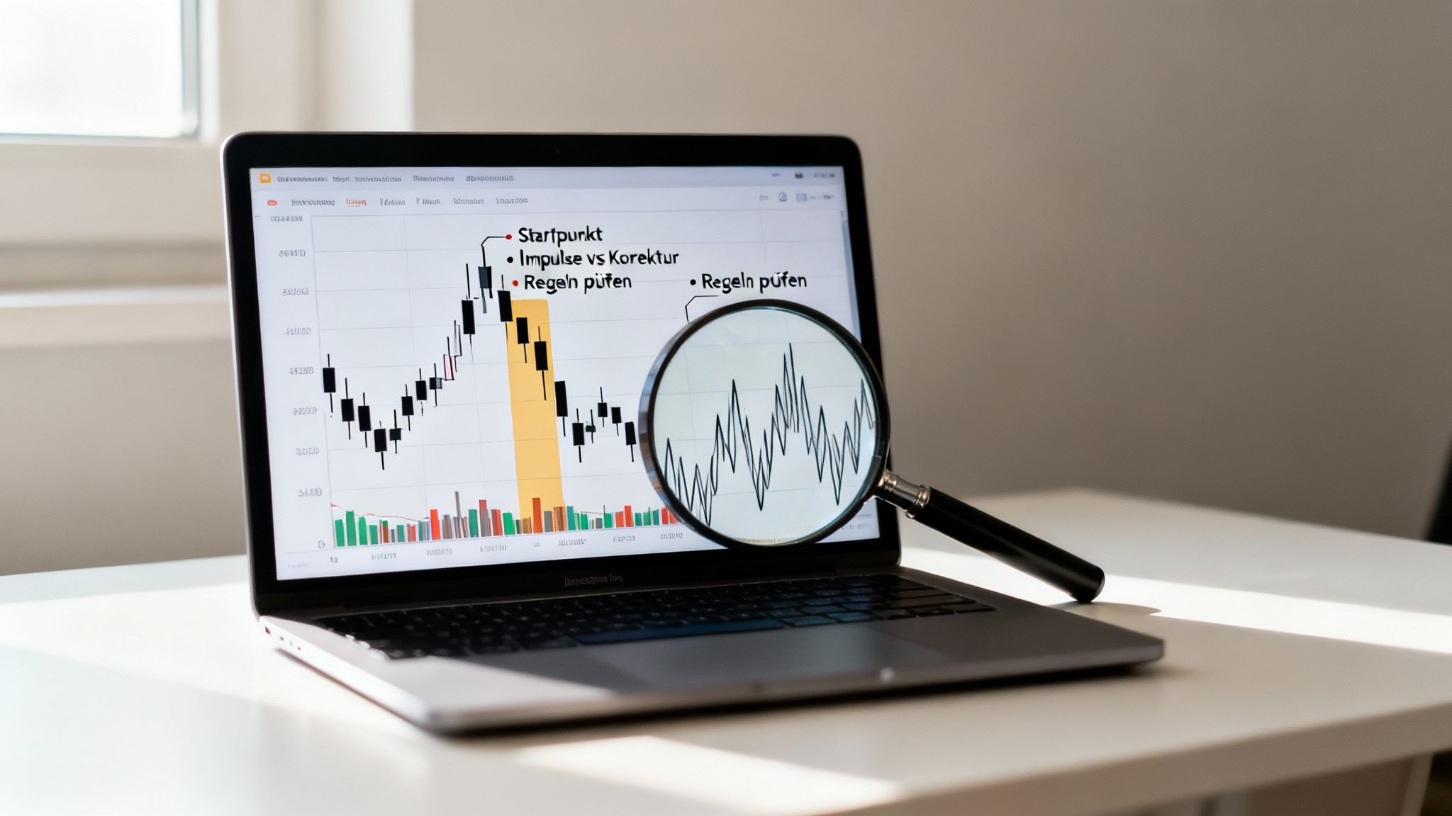 Laptop zeigt Finanzchart mit Kerzen und deutscher Beschriftung; eine Lupe vergrößert einen Teil des Charts.