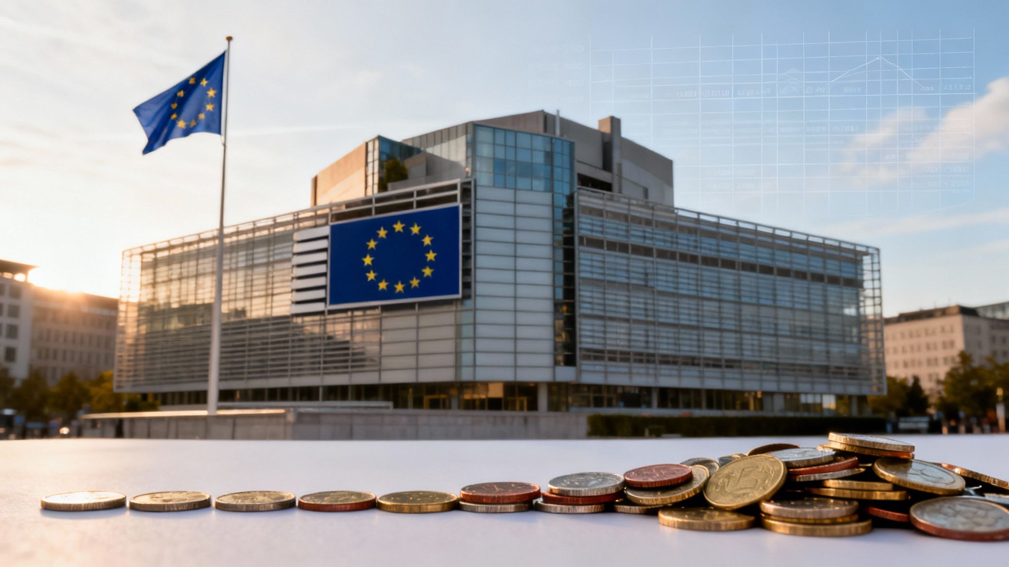 EU-Gebäude mit wehender Flagge, Euromünzen im Vordergrund und Finanzdiagrammen am Himmel.