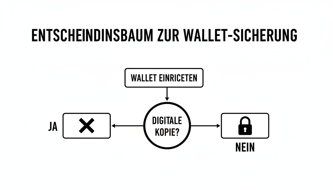 Flussdiagramm zur Wallet-Sicherung: Digitale Kopien werden abgelehnt, nicht-digitale Sicherungen bevorzugt für Sicherheit.