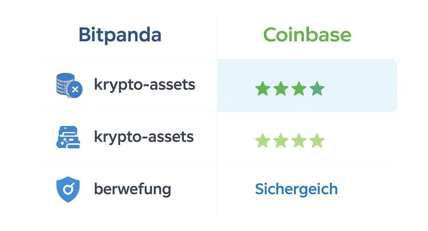 Vergleichstabelle zwischen Bitpanda und Coinbase mit Bewertung von Krypto-Assets und Sicherheitsmerkmalen.