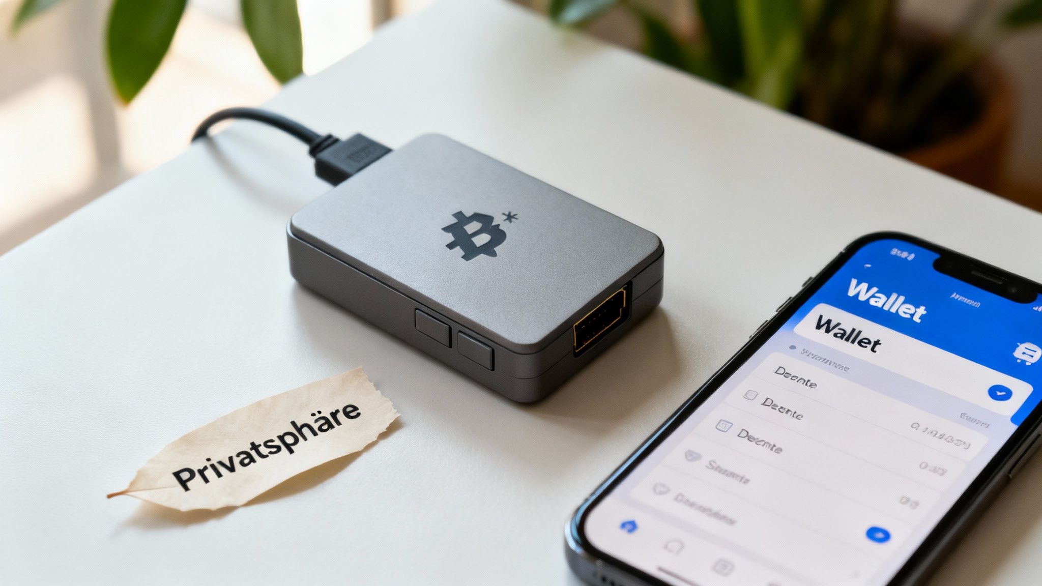 Eine Person überprüft ihre Bitcoin-Wallet auf einem Smartphone, während im Hintergrund ein Laptop mit Blockchain-Daten zu sehen ist.