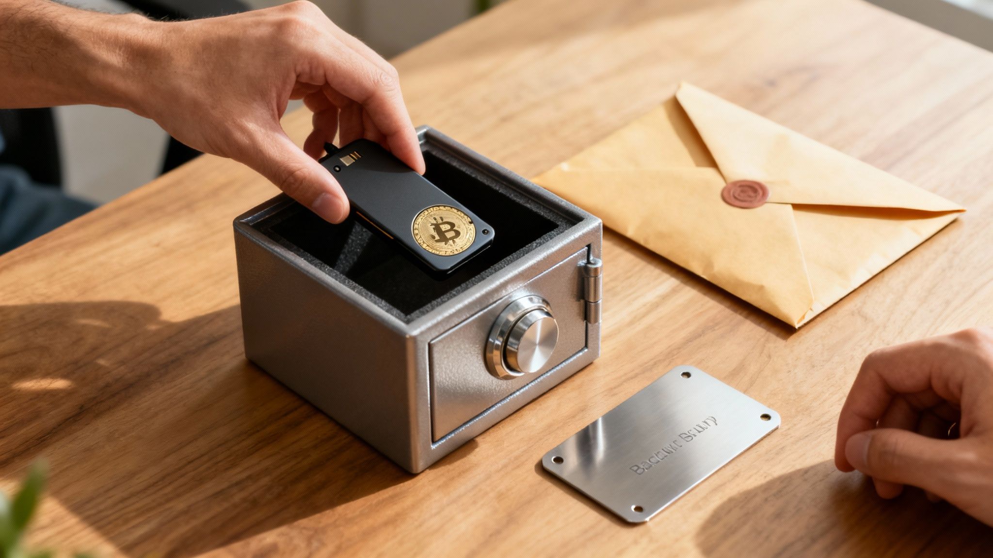 Eine Person legt ein Bitcoin-Hardware-Wallet in einen kleinen Safe auf einem Holztisch.