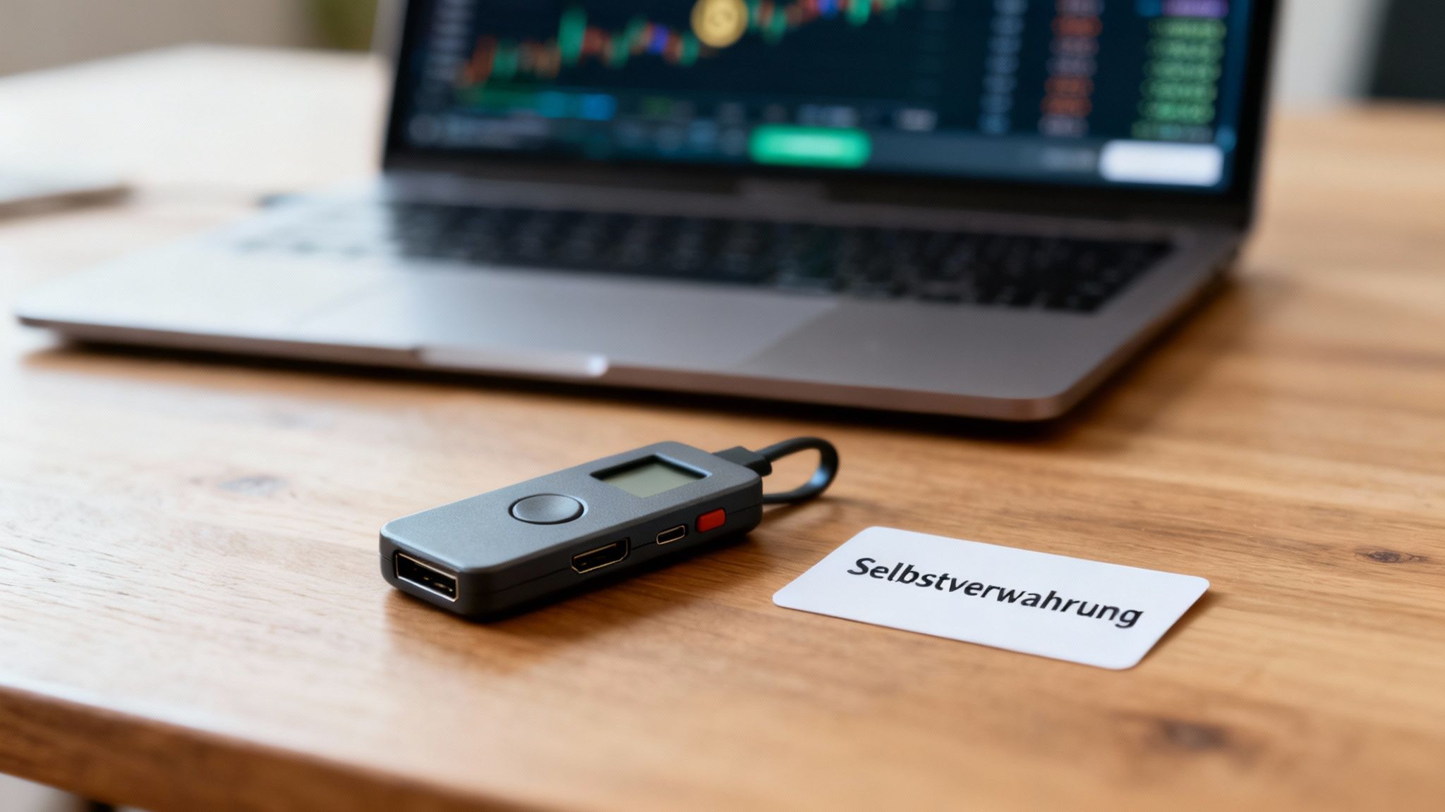 Hardware-Wallet und Karte 'Selbstverwahrung' auf Holztisch vor Laptop mit Kryptokursen.