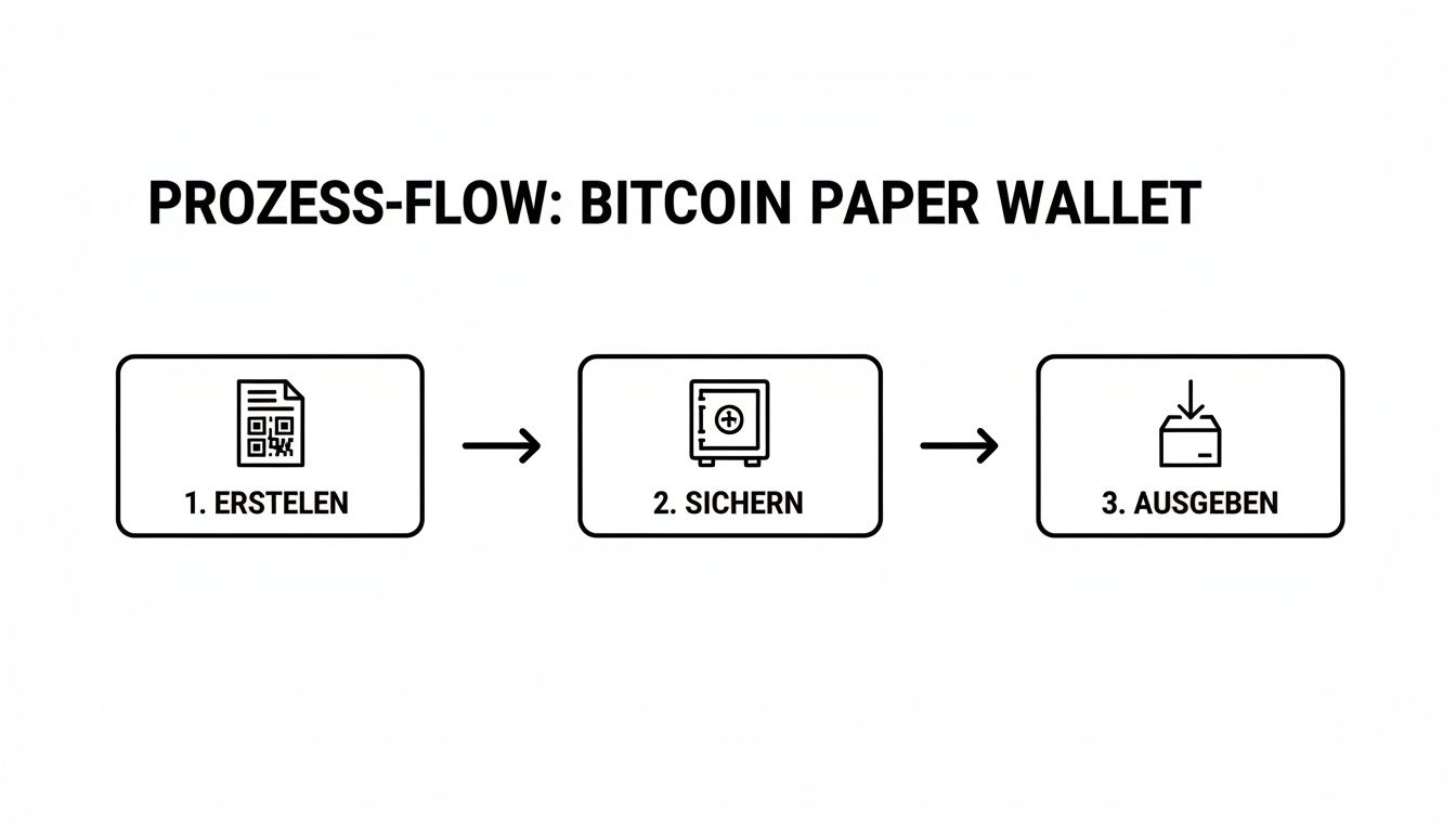 Prozess-Flow zur Bitcoin Paper Wallet: Erstellen, Sichern und Ausgeben der Kryptowährung.