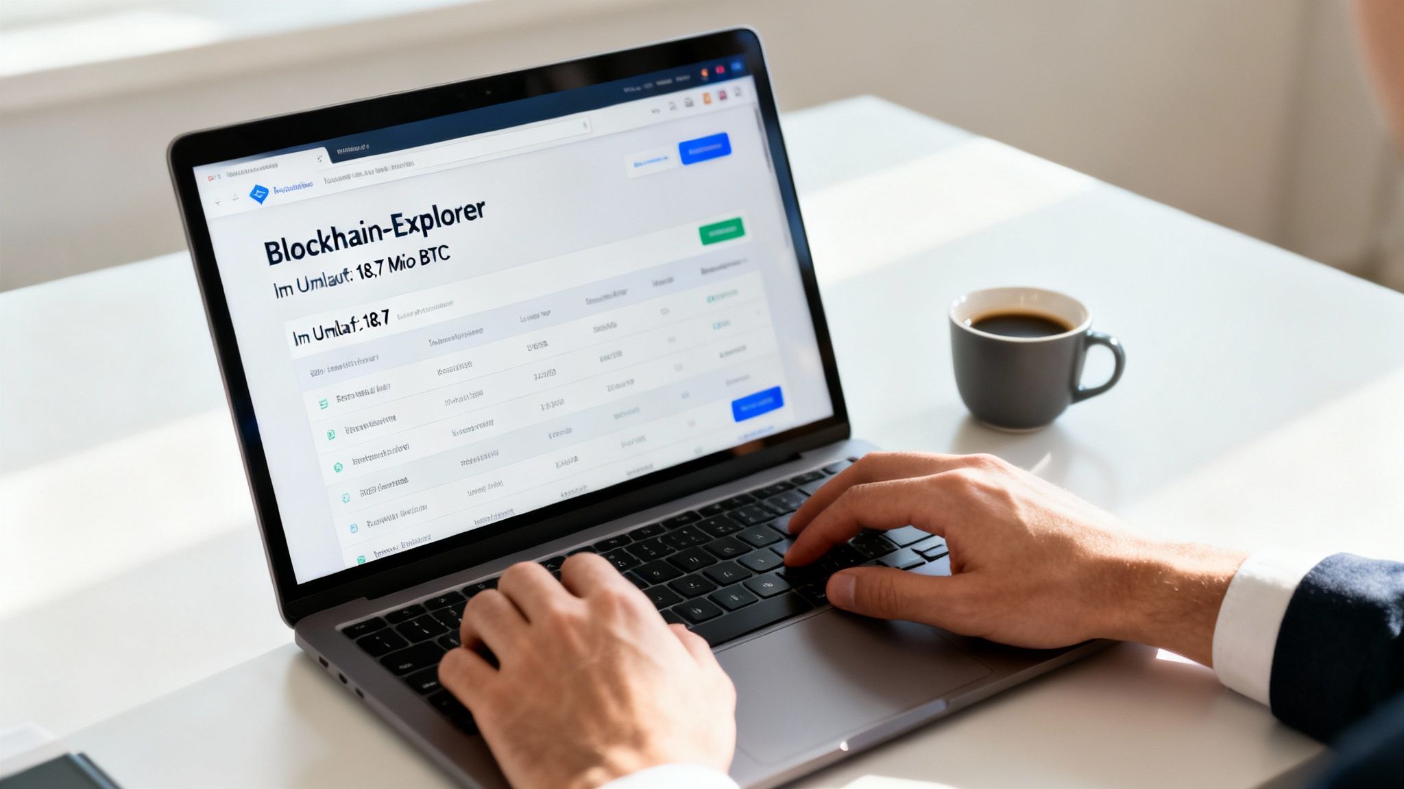 Person arbeitet am Laptop mit Blockchain-Explorer, zeigt 18,7 Millionen Bitcoins im Umlauf. Tasse Kaffee daneben.