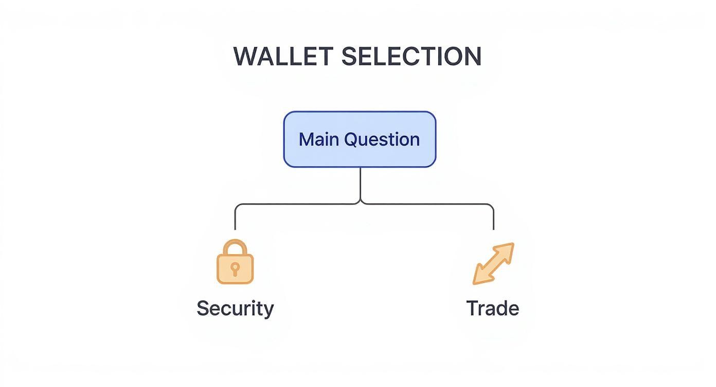 Diagramm zur Wallet-Auswahl mit Hauptfrage, die sich in Sicherheit und Handel verzweigt