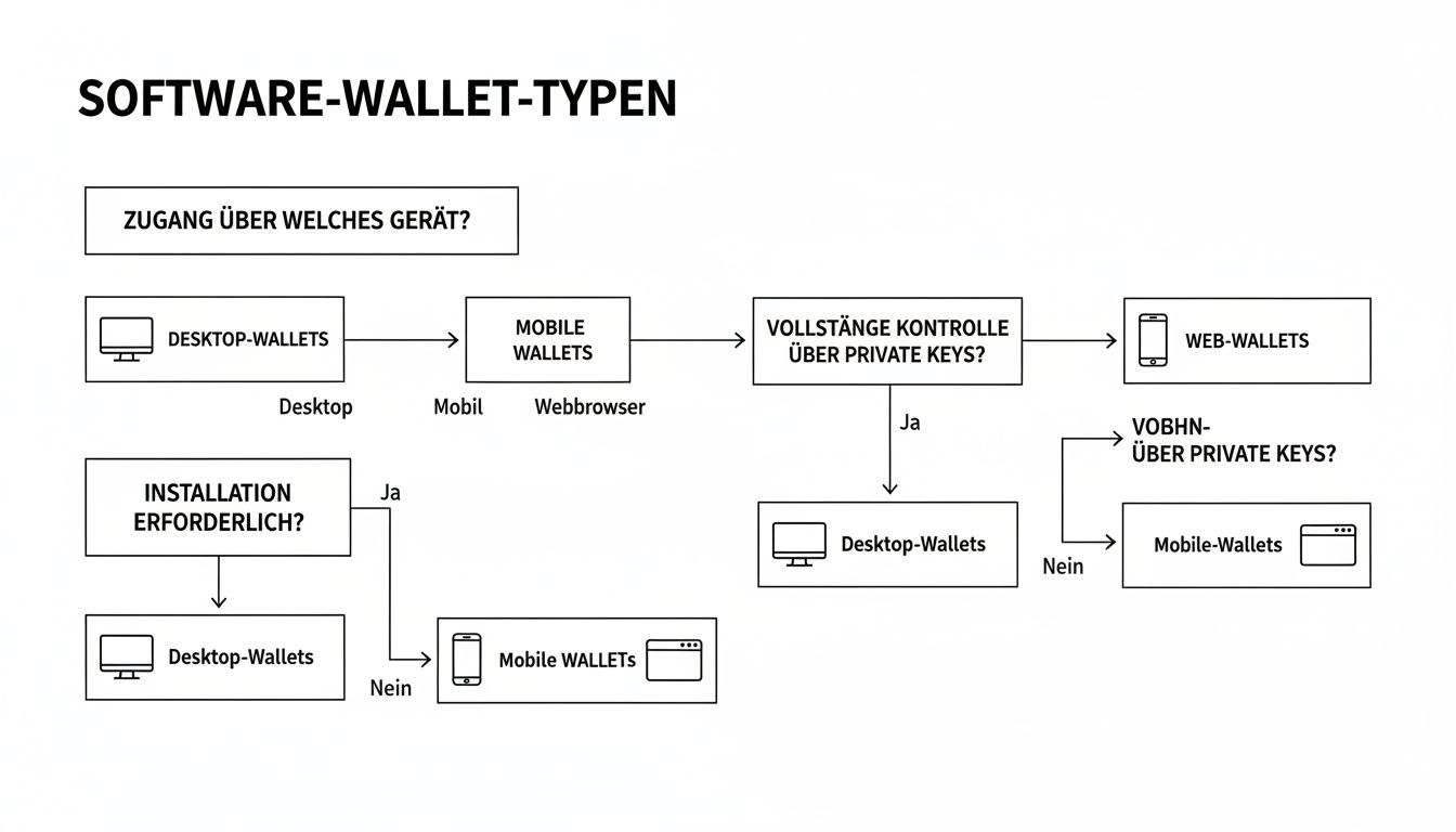 Flussdiagramm der Software-Wallet-Typen, das den Zugriff über Geräte und die Kontrolle über private Schlüssel darstellt.