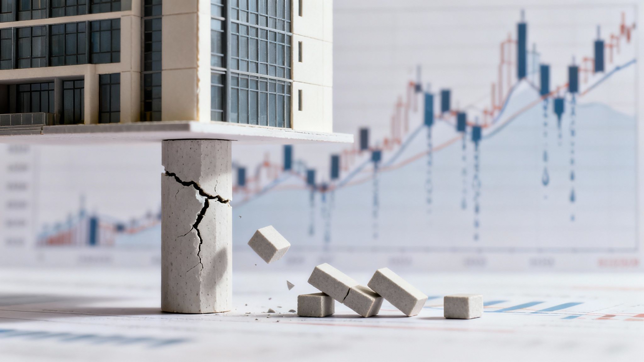Miniaturgebäude auf rissiger Säule vor Finanzcharts, symbolisiert Marktzusammenbruch oder Krise.