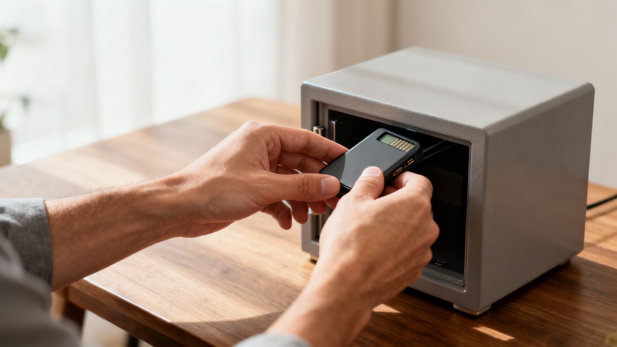 Hände verstauen ein digitales Hardware-Wallet sicher in einem kleinen grauen Sicherheitssafe auf einem Holztisch.