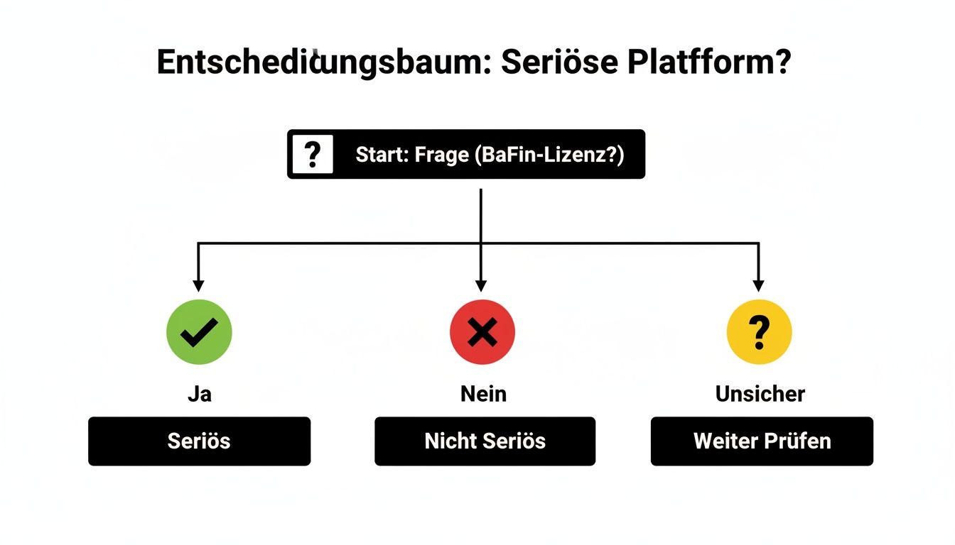 Entscheidungsbaum zur Beurteilung der Seriosität einer Plattform: Startfrage BaFin-Lizenz? Ja führt zu seriös, Nein zu nicht seriös, Unsicher zu weiter prüfen.
