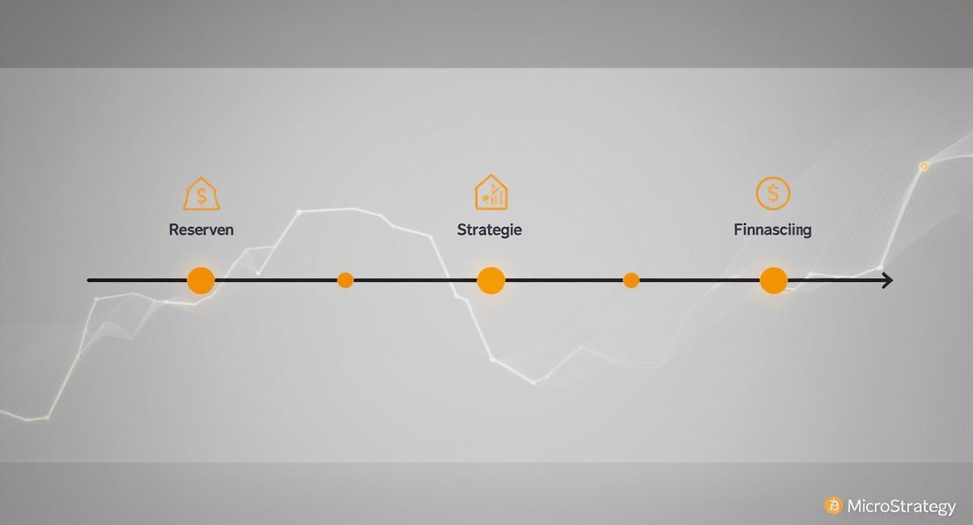 Eine Zeitleiste, die die Schritte Reserven, Strategie und Finanzierung in einem Geschäftskontext darstellt.