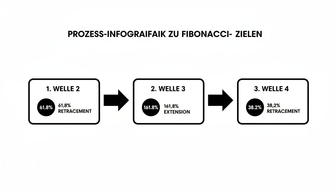 Infografik zeigt den Elliott-Wellen-Prozess mit Fibonacci-Retracement- und Extensionszielen für Welle 2, 3 und 4.