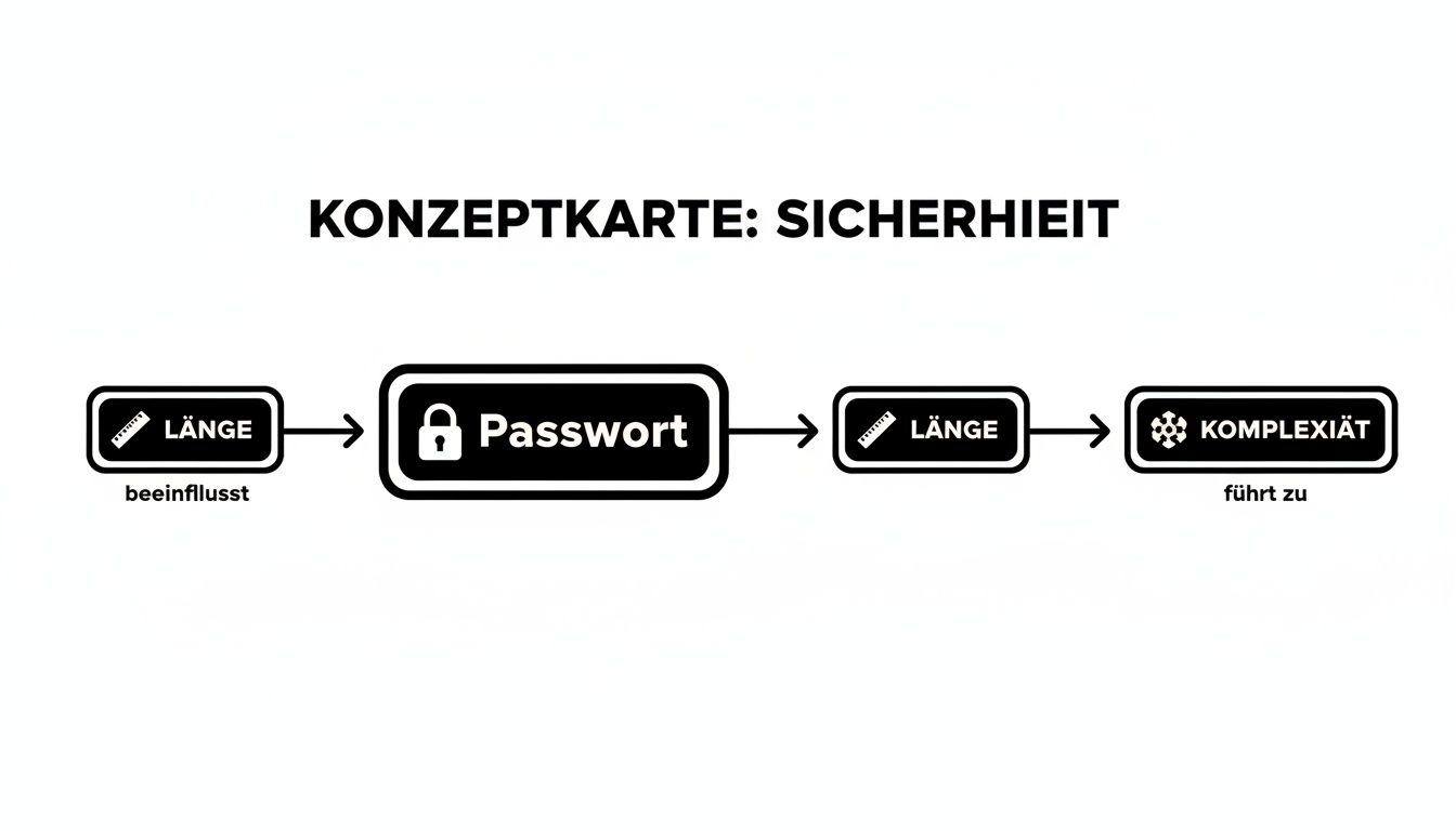 Konzeptkarte zur Sicherheit, die den Einfluss von Passwortlänge und Komplexität visualisiert.