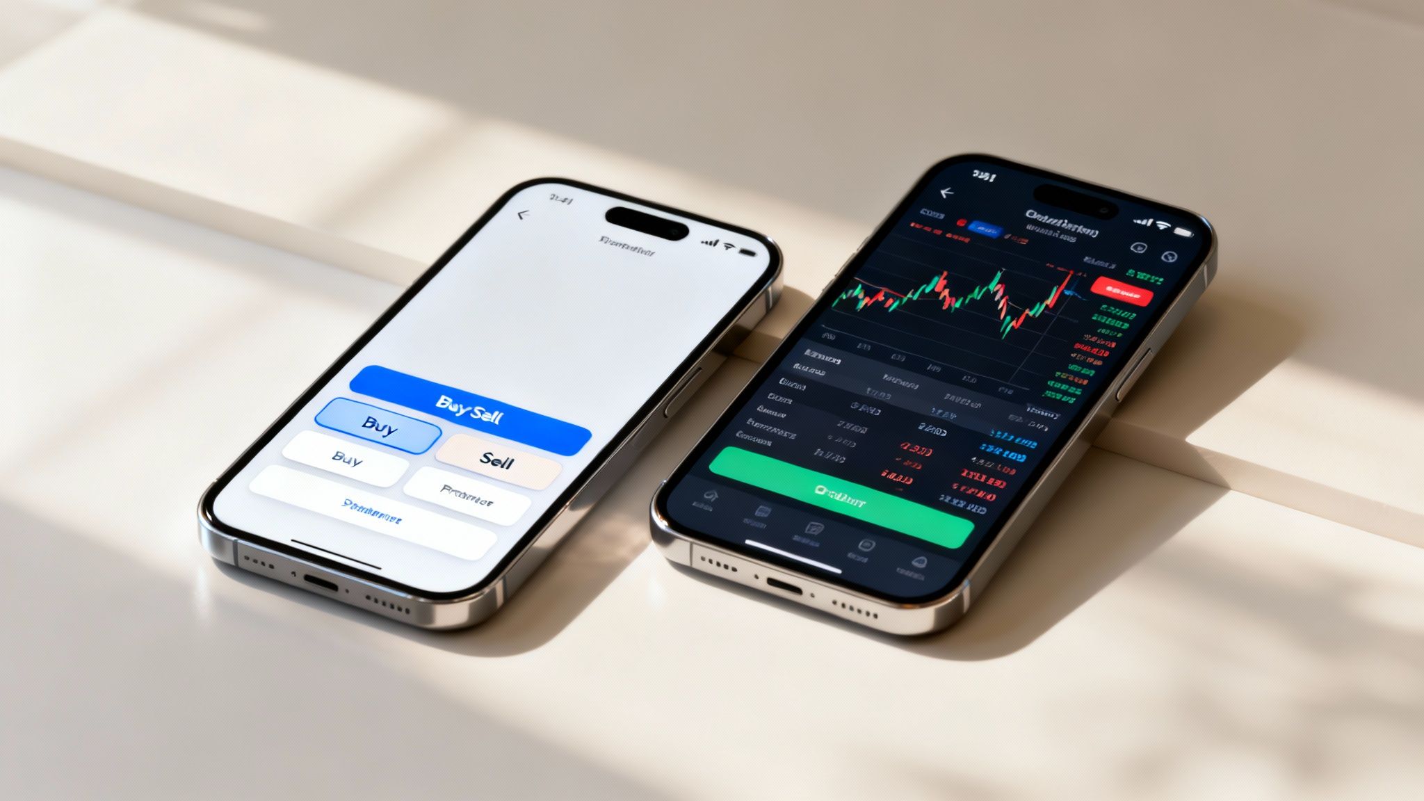 Zwei Smartphones auf hellem Untergrund, eines zeigt Kauf- und Verkaufsoptionen, das andere einen Krypto-Chart.