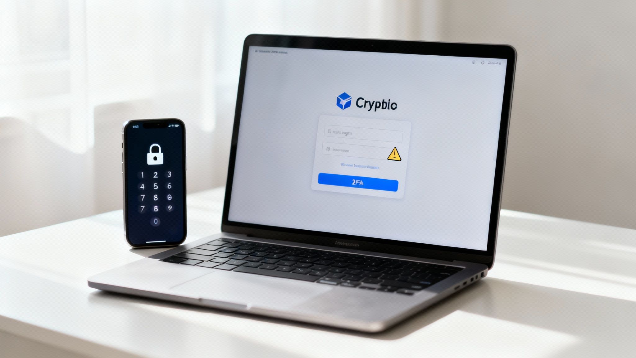 Laptop zeigt Krypto-Login-Bildschirm mit 2FA-Authentifizierung und Smartphone mit Sicherheits-PIN-Pad daneben