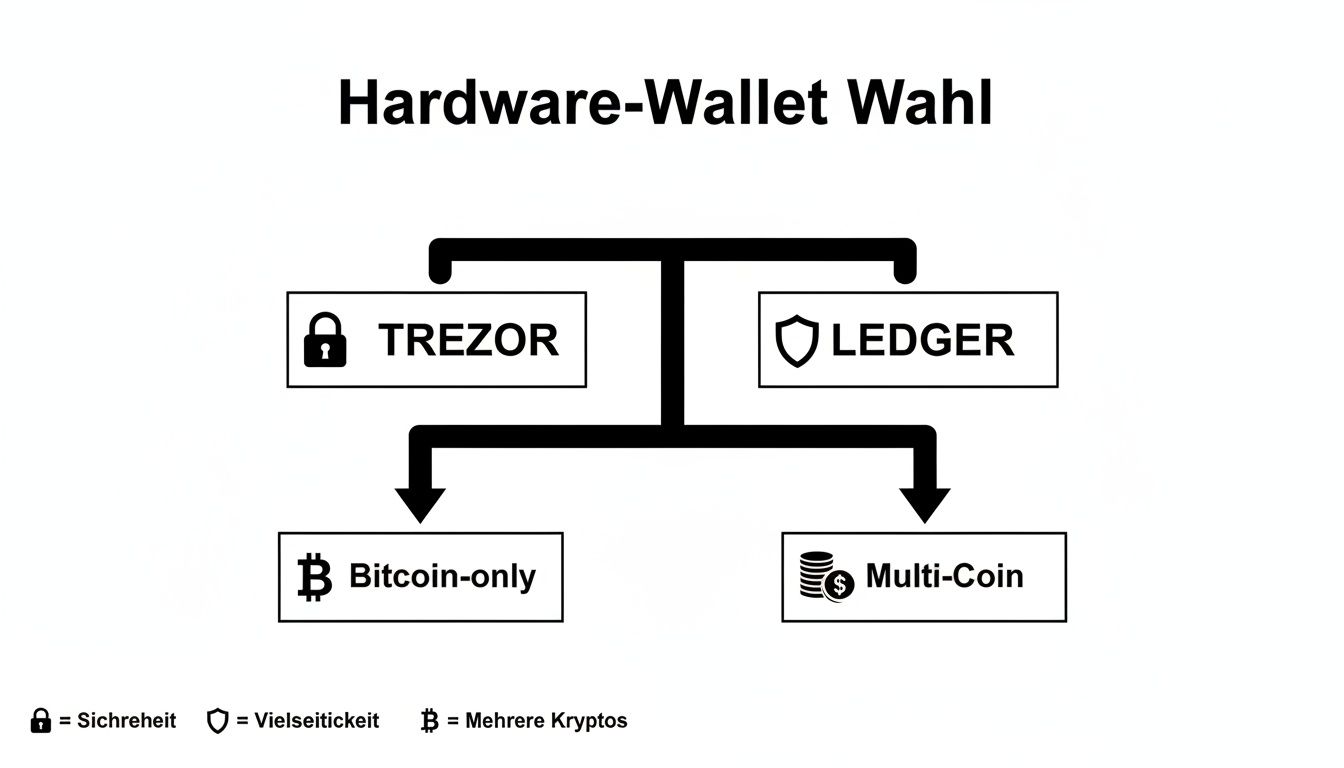 Übersicht zur Hardware-Wallet-Wahl: Trezor (Sicherheit) oder Ledger (Vielseitigkeit), mit Bitcoin-only und Multi-Coin Optionen.