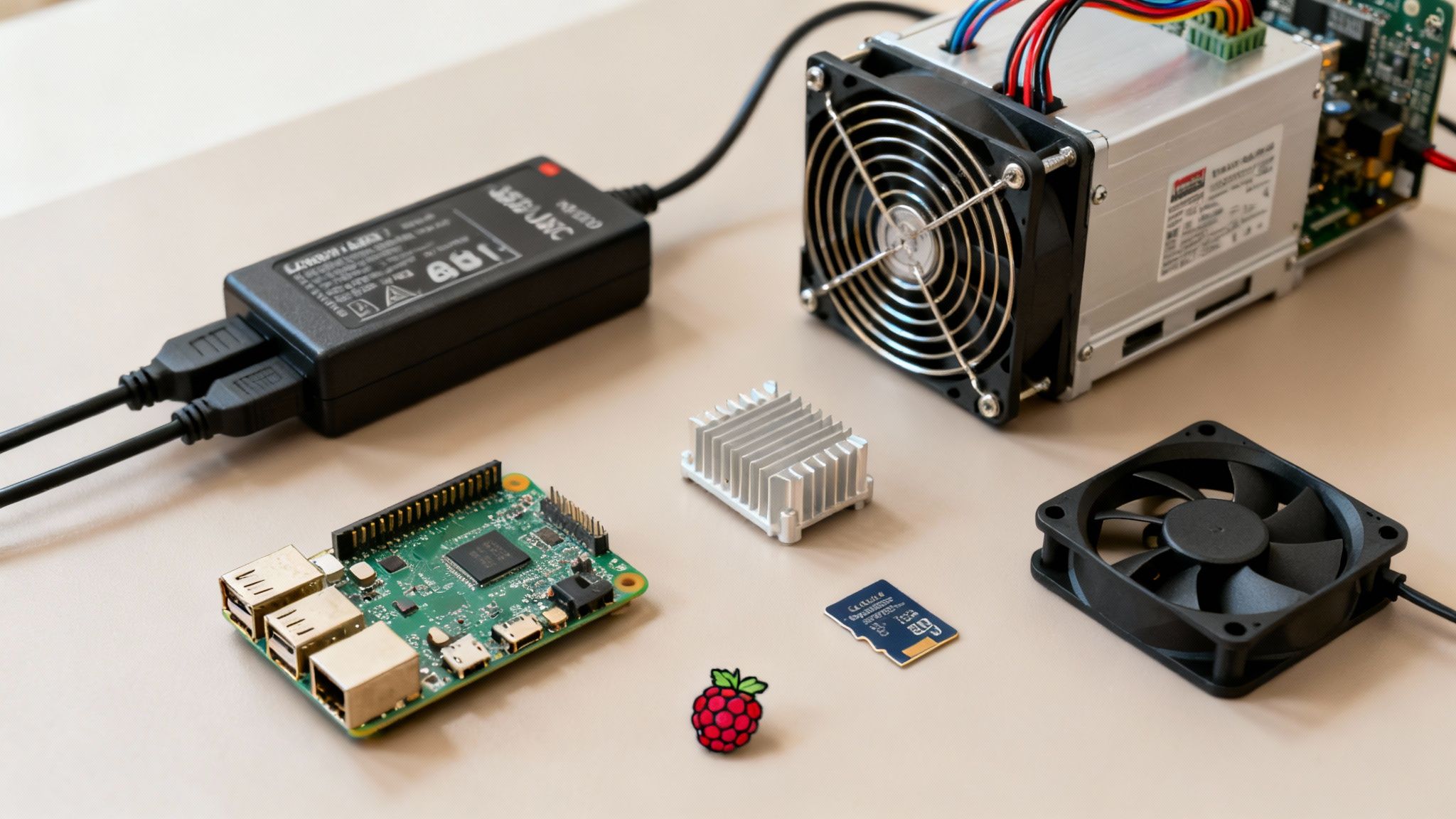Elektronische Komponenten für einen Raspberry Pi 3: Mini-Computer, Netzteil, Kühlkörper, Lüfter und SD-Karte.