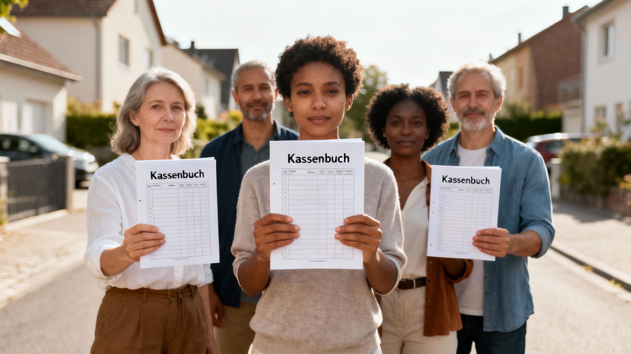 Fünf Personen, darunter junge und ältere Erwachsene, halten Dokumente mit dem Titel „Kassenbuch“ in einer Wohngegend.