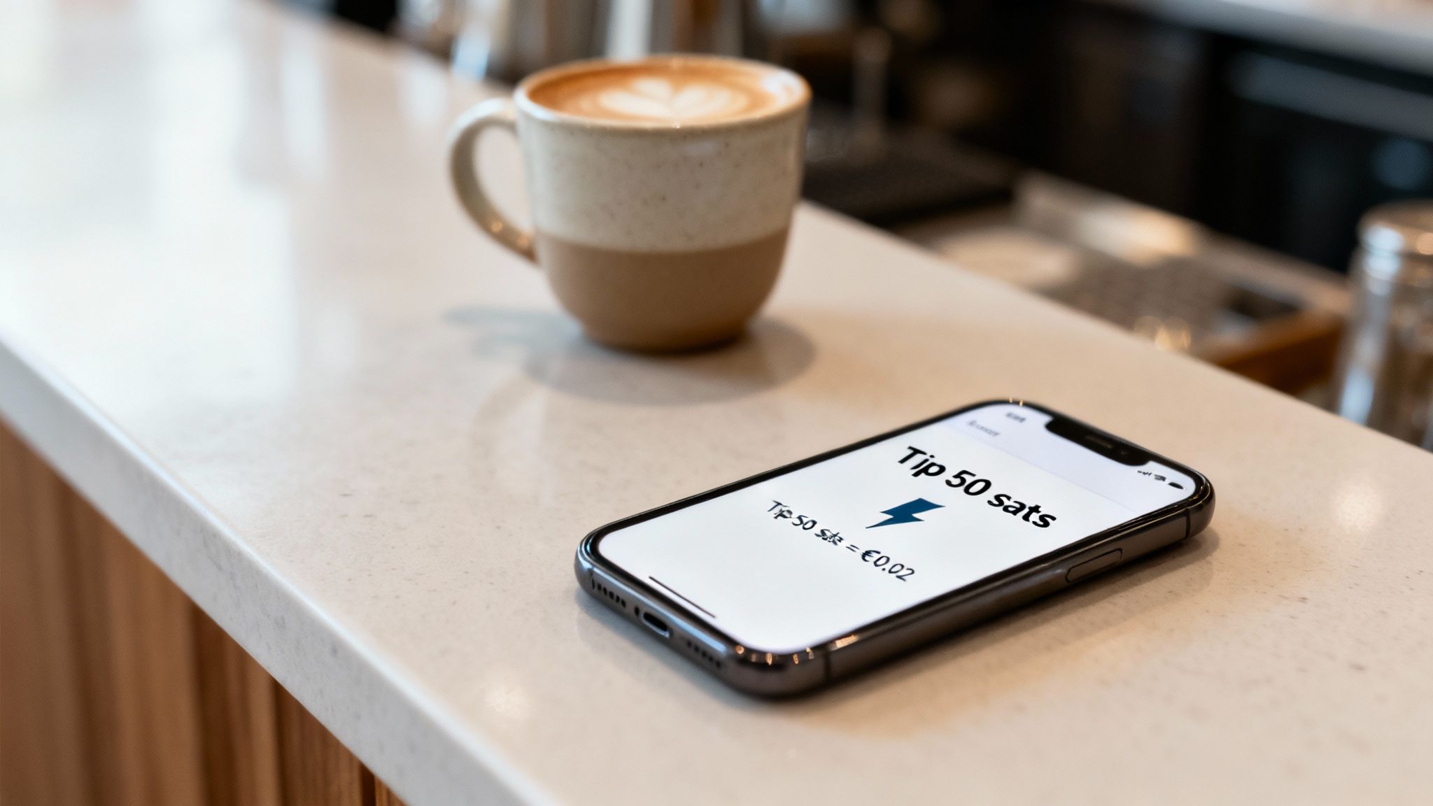 Smartphone zeigt digitales Trinkgeld in Satoshi und Euro neben einer Kaffeetasse auf einer Theke.