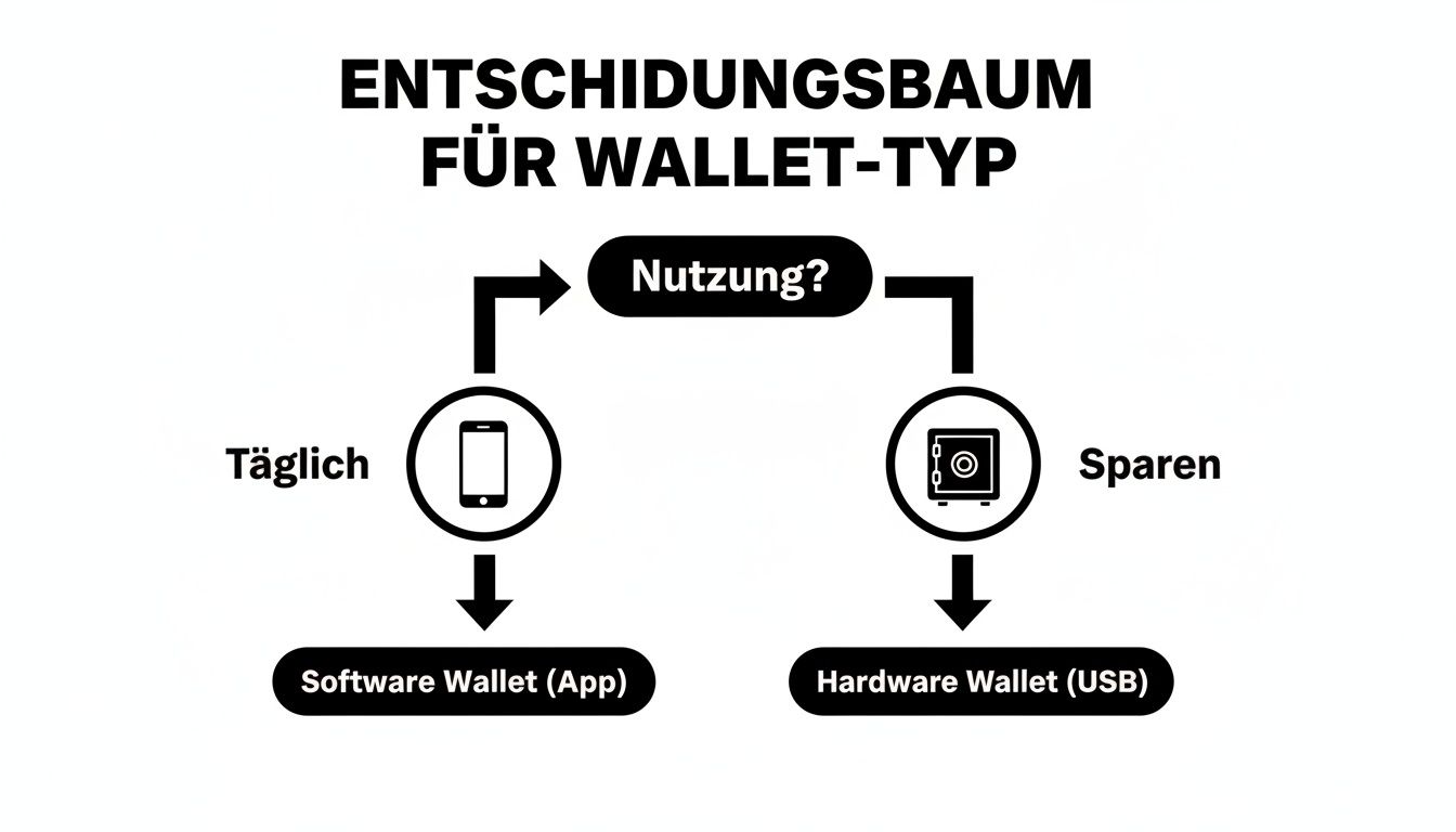 Entscheidungsbaum für Wallet-Typen, der die Wahl zwischen Software-Wallet (täglich) und Hardware-Wallet (sparen) basierend auf der Nutzung zeigt.