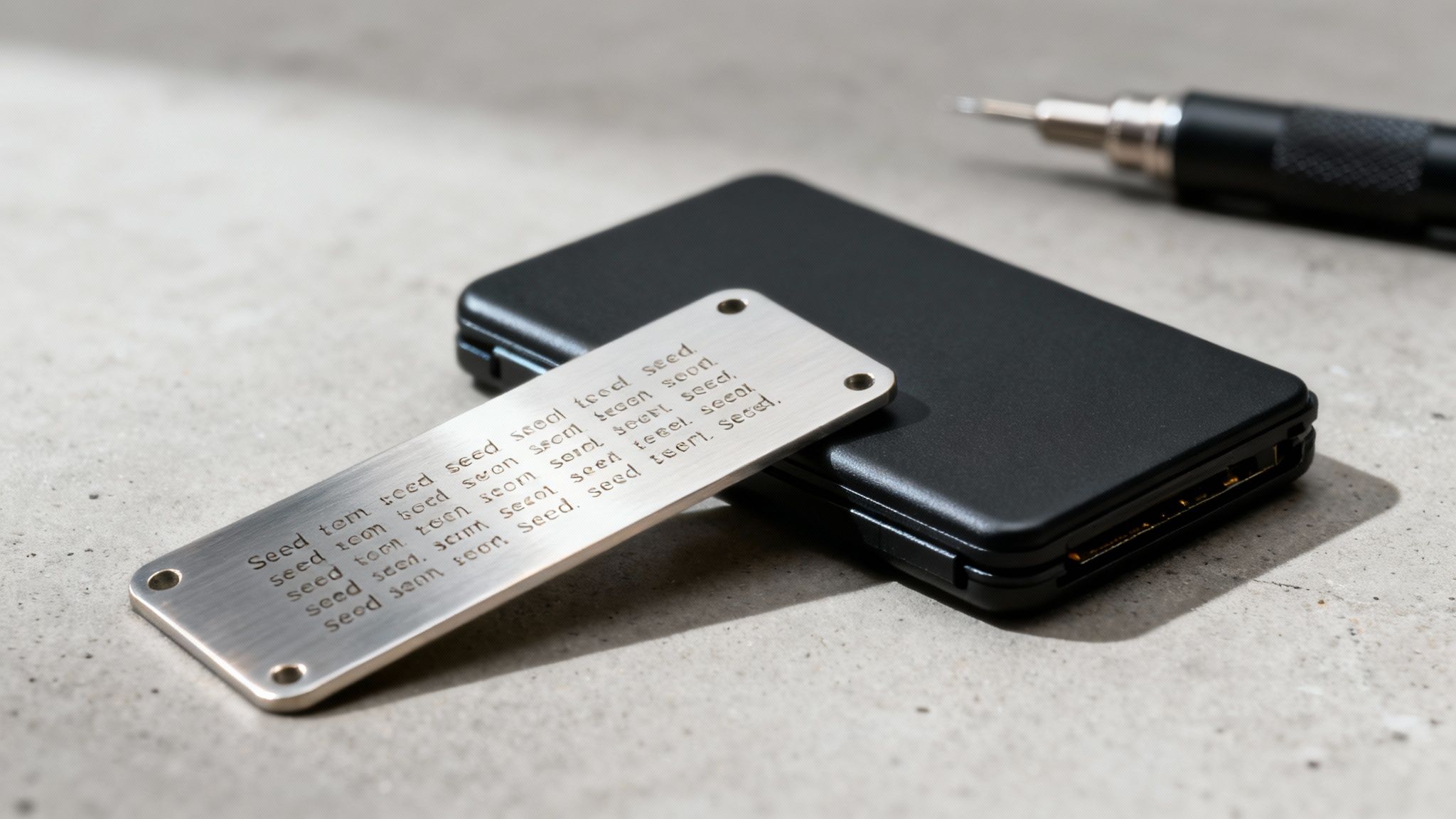 Mehrere Hardware-Wallets liegen auf einem Tisch neben einem Notizbuch.