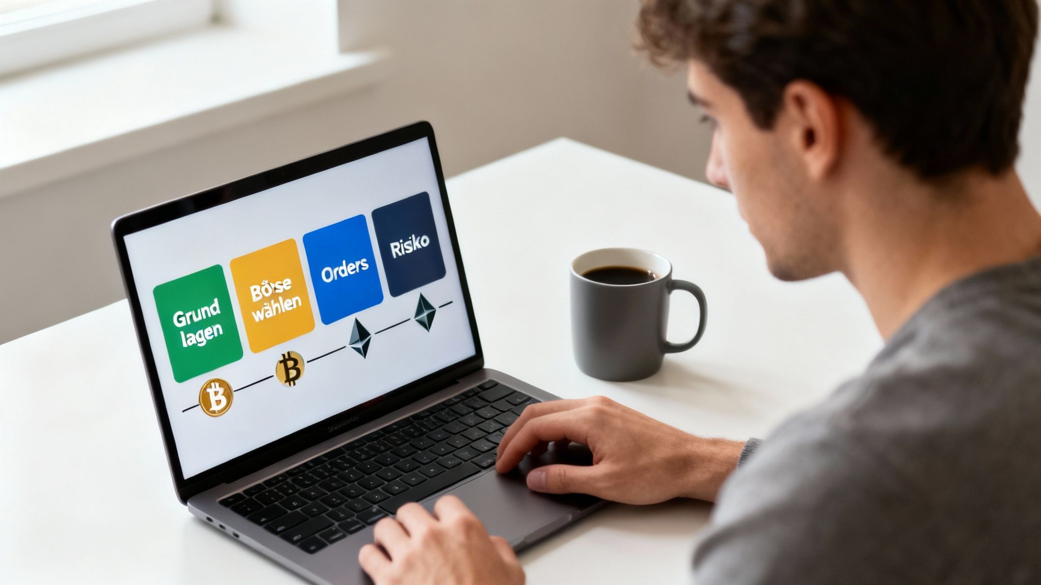 Mann lernt Krypto-Trading am Laptop, mit Schritten wie Grundlagen, Börse, Orders und Risiko.