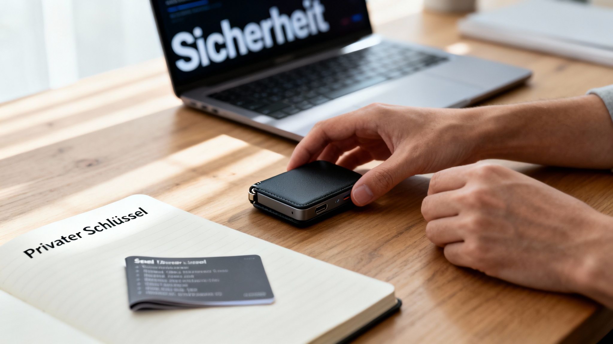 Eine Hand greift nach einer Hardware-Wallet; Laptop zeigt 'Sicherheit', Notizbuch 'Privater Schlüssel'.
