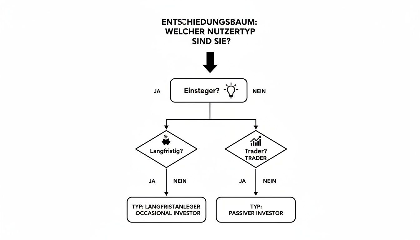 Entscheidungsbaum zur Bestimmung des Nutzertypus für Investoren: Einsteiger, Langfristanleger, Trader oder Passiver Investor.