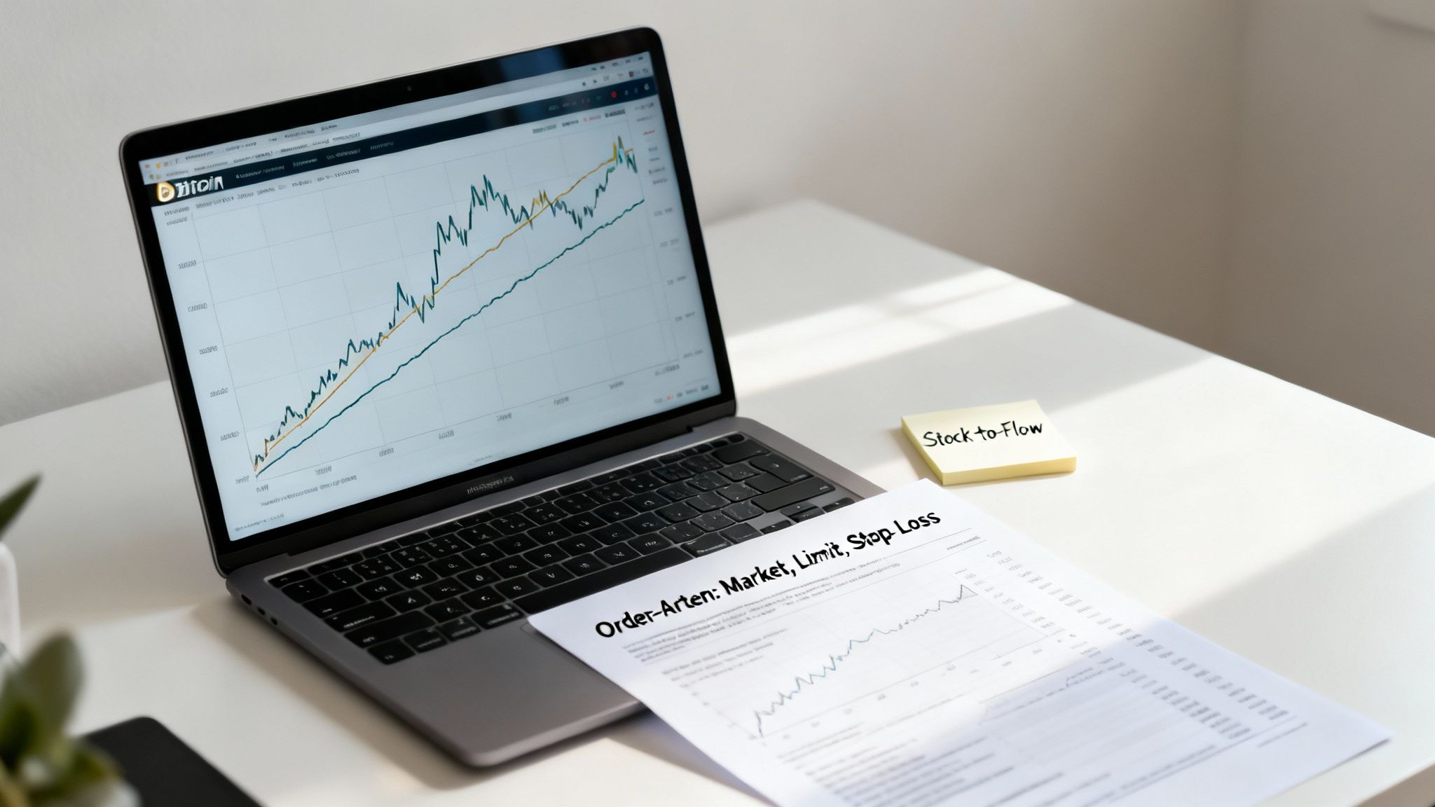 Laptop zeigt Bitcoin-Chart, daneben ein Dokument zu Order-Arten und eine Notiz 'Stock to Flow' auf einem Schreibtisch.
