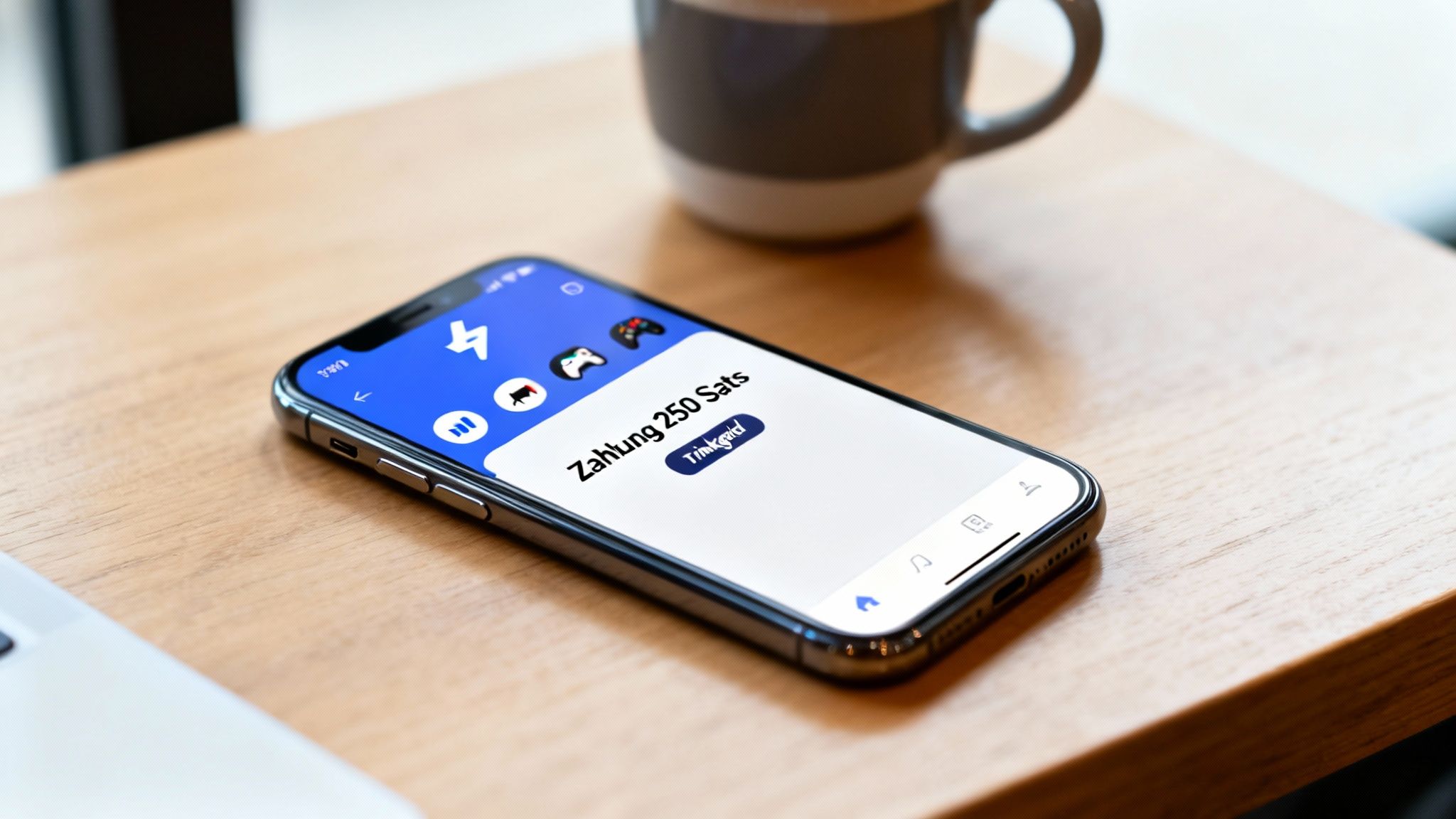 Smartphone auf Holztisch zeigt App mit Zahlung von 250 Sats und Trinkgeld-Option neben einer Tasse.