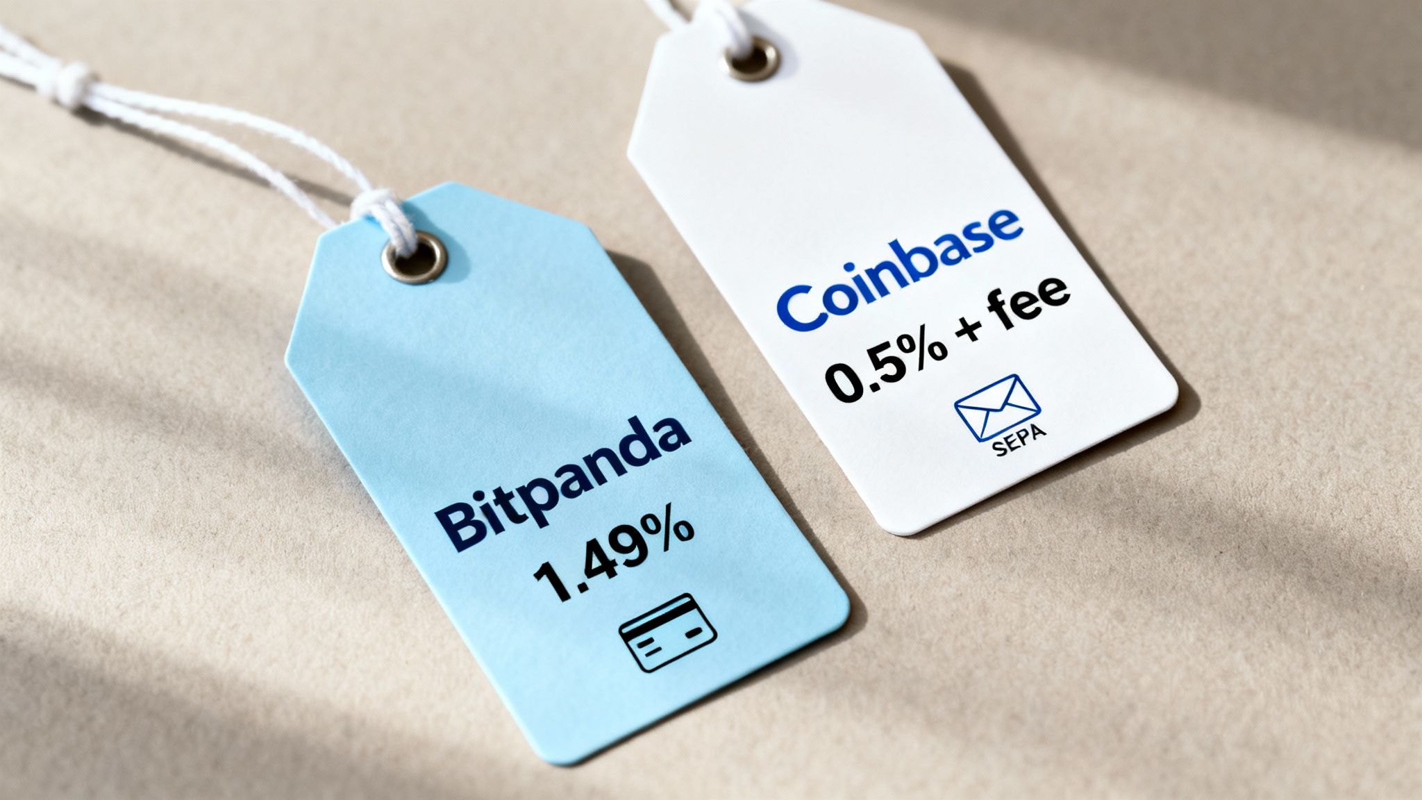 Vergleich der Gebühren von Bitpanda und Coinbase auf zwei Preisschildern nebeneinanderliegend.