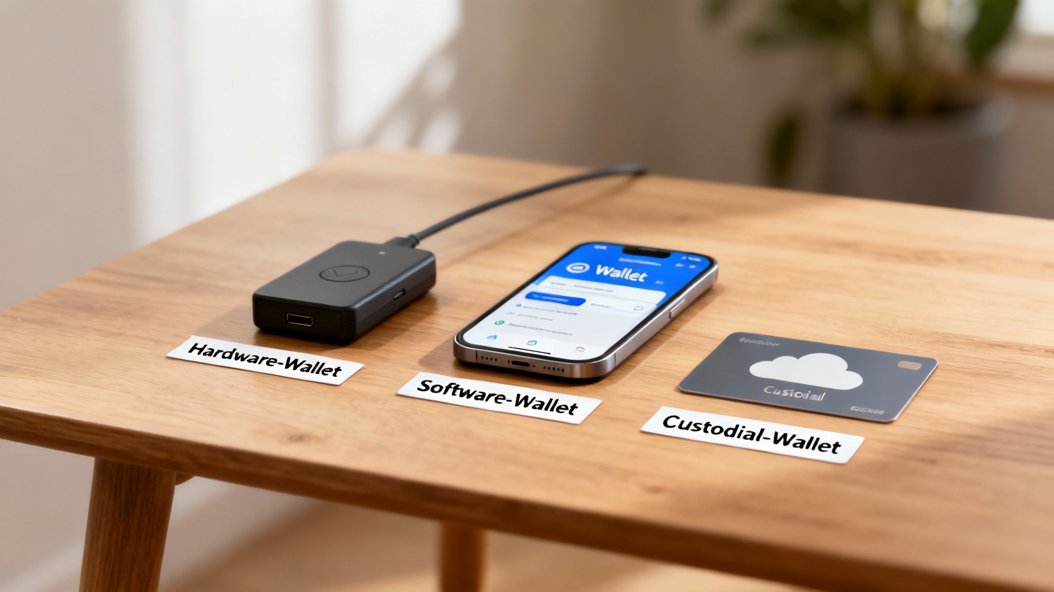 Person betrachtet verschiedene Bitcoin-Wallet-Optionen auf einem Bildschirm