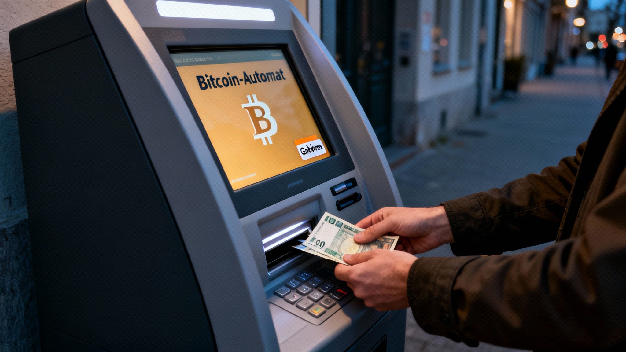 Eine Person führt Banknoten in einen Bitcoin-Automaten ein, dessen Bildschirm das Bitcoin-Logo anzeigt.