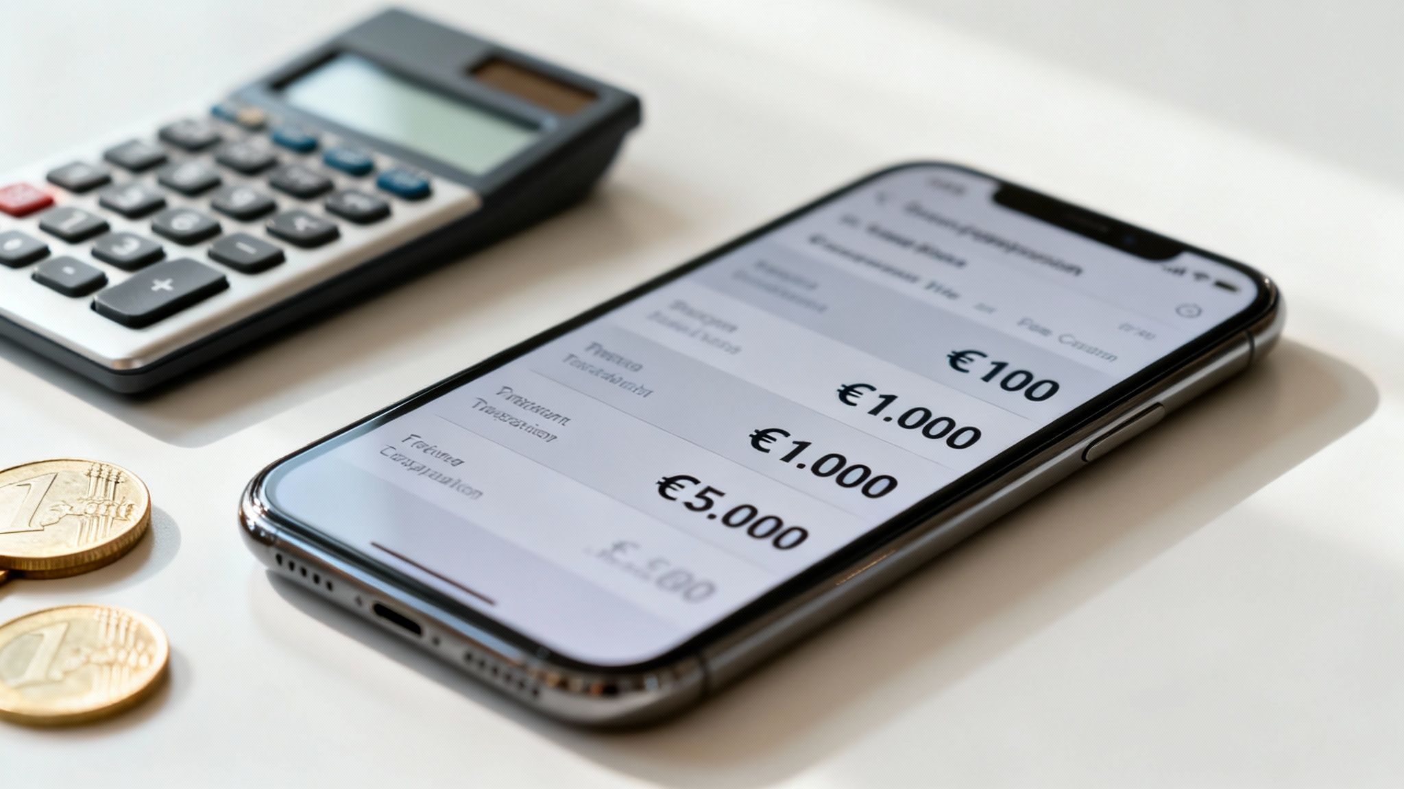 Ein Smartphone zeigt Euro-Beträge, ein Taschenrechner und Euro-Münzen liegen auf einem Tisch. Finanzen und Budgetierung.
