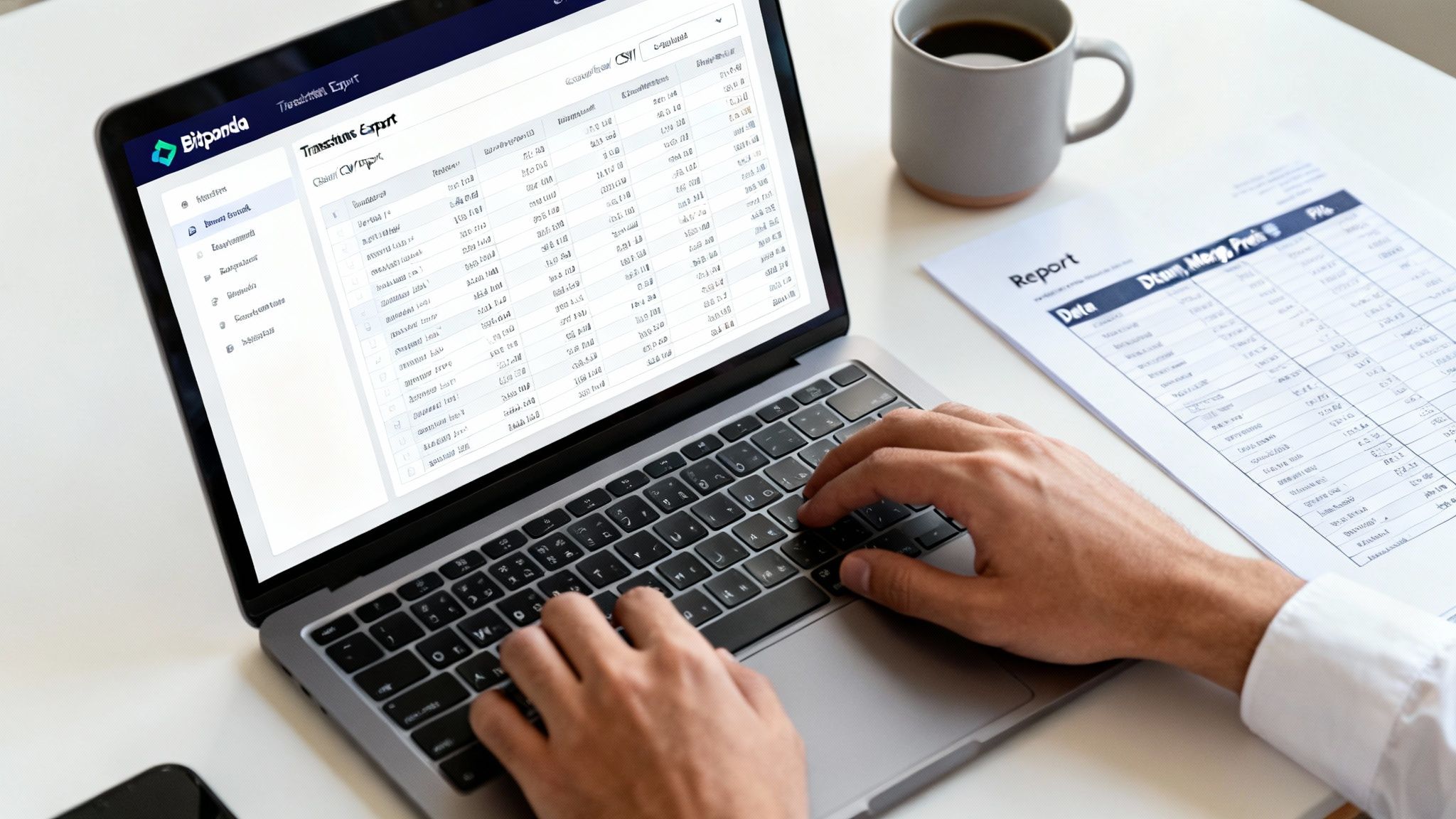 Person arbeitet am Laptop mit Bitpanda-Anwendung und Finanzbericht, Kaffee steht daneben.