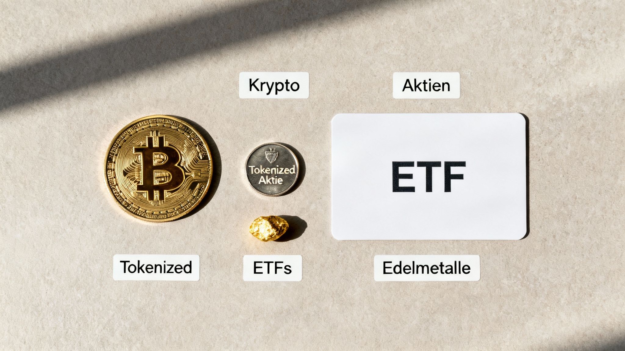 Ein Mosaik aus verschiedenen Anlageklassen wie Bitcoin, Aktien und Gold symbolisiert die Angebotsvielfalt von Bitpanda und Coinbase
