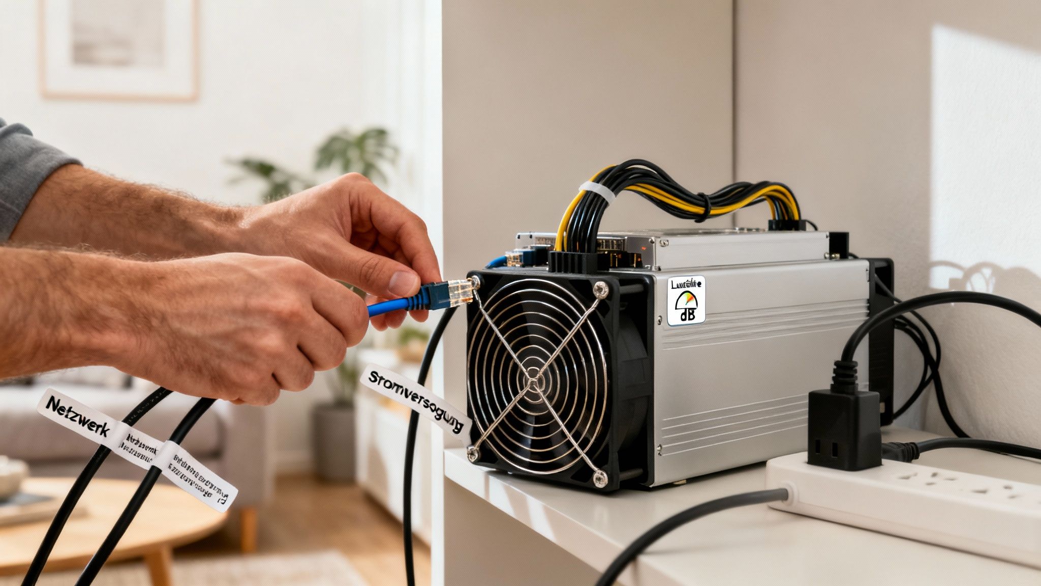 Ein Mann schließt Kabel an einen Bitcoin-Miner an, die mit Netzwerk und Stromversorgung beschriftet sind.