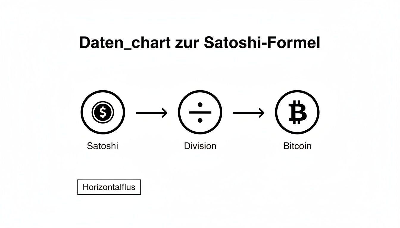 Flussdiagramm, das die Umwandlung von Satoshi in Bitcoin mittels Division zeigt.